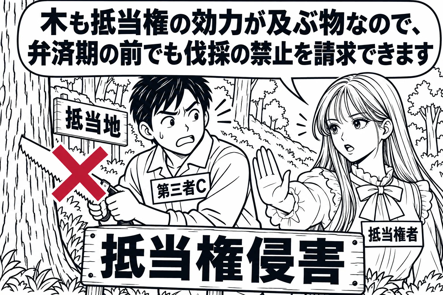 山林の場面。斜面の木々に札「抵当地」が立ち、男性（札「第三者C」）がのこぎりを木に当てている。先生が銀行員役（札「抵当権者」）で手のひらを前に出して止めている。先生の吹き出し「木も抵当権の効力が及ぶ物なので、弁済期の前でも伐採の禁止を請求で