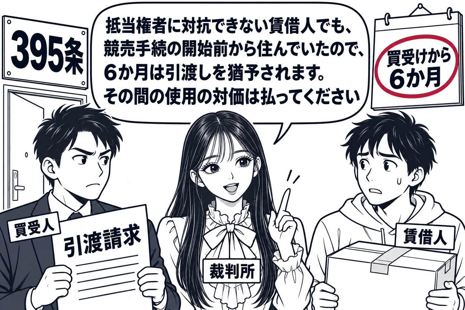 競売されたマンションの一室の玄関先。玄関に札「買受人」の男性が書類「引渡請求」を持って立ち、室内から男性（札「賃借人」）が段ボール箱を手に応対している。先生が裁判官役（札「裁判所」）で間に立ち、壁のカレンダーに「買受けから6か月」と赤丸が付
