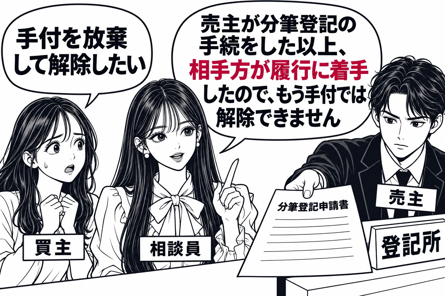 登記所の窓口の場面。男性（札「売主」）が分筆登記の申請書を窓口に出している。その後ろで女性（札「買主」）が「手付を放棄して解除したい」という吹き出しを出しているが、先生が相談員役（札「相談員」）で間に立ち、吹き出し「売主が分筆登記の手続をし