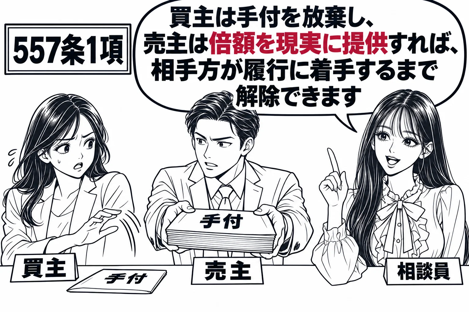不動産の売買契約の席の場面。机の上に封筒（札「手付」）が置かれ、女性（札「買主」）が封筒から手を離し、男性（札「売主」）が封筒の倍の厚さの封筒を両手で差し出している。先生が仲介の相談員役（札「相談員」）で机の横に立つ。先生の吹き出し「買主は