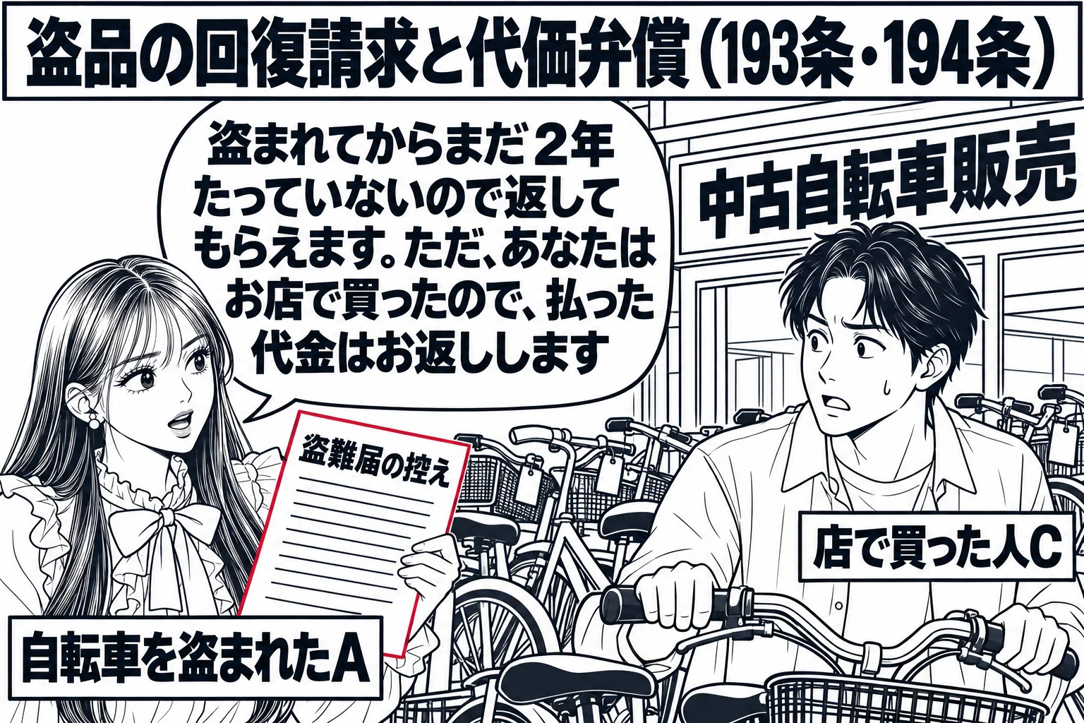 中古自転車店の前の場面。店先に並んだ自転車の一台を、男性（札「店で買った人C」）が押して帰ろうとしている。そこへ先生（札「自転車を盗まれたA」）が盗難届の控えを持って駆け寄り、吹き出し「盗まれてからまだ2年たっていないので返してもらえます。