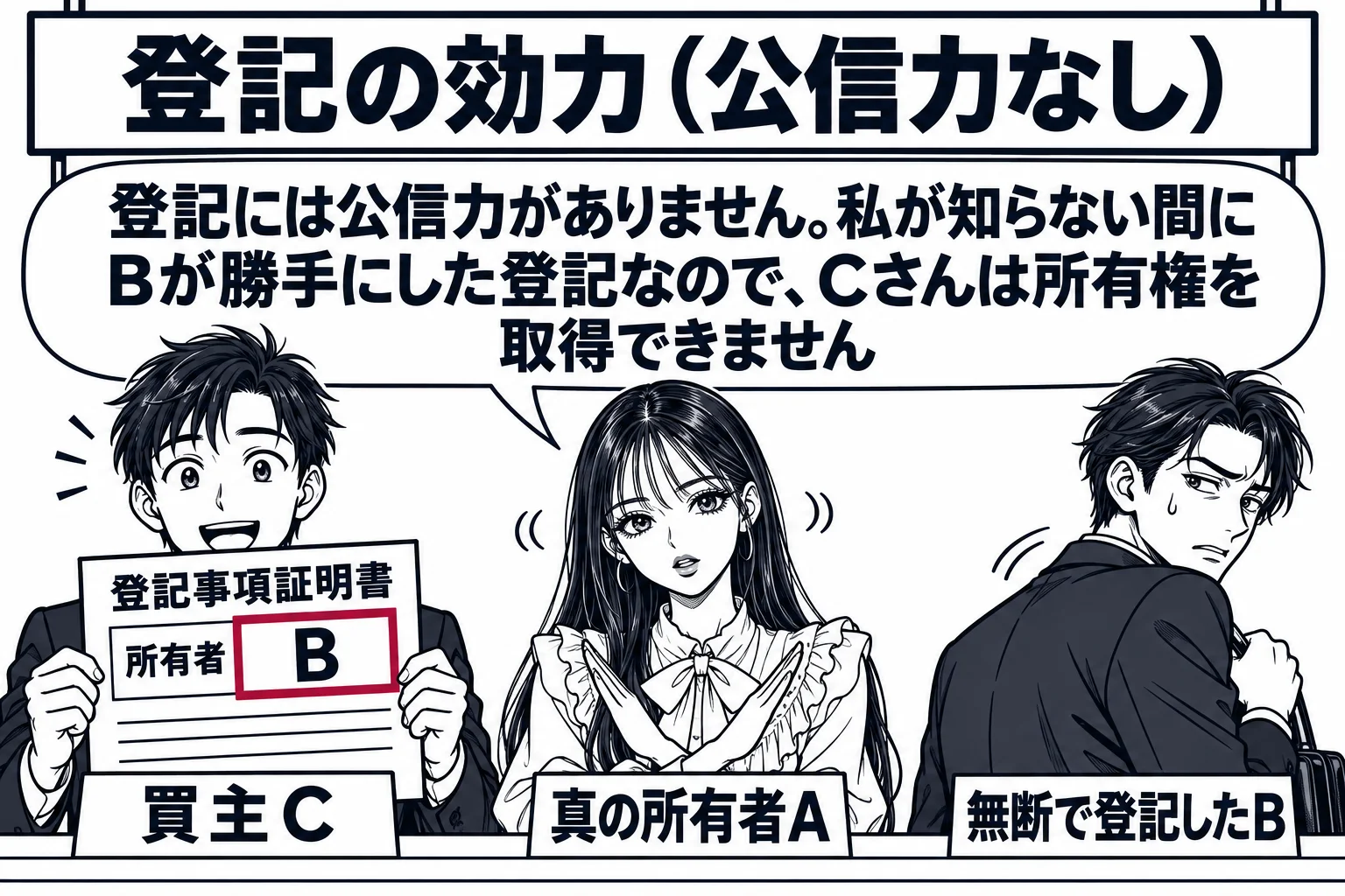 登記所の閲覧窓口の場面。男性（札「買主C」）が登記事項証明書（所有者欄「B」）を見て安心した顔をしている。その横で先生（札「真の所有者A」）が首を振っている。少し離れた所で別の男性（札「無断で登記したB」）がこっそり立ち去ろうとしている。先