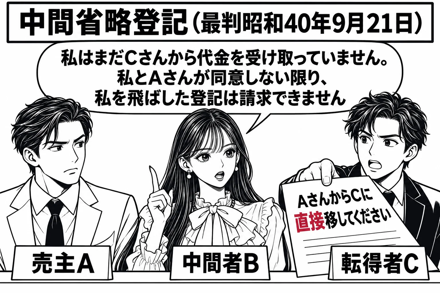 登記所の窓口の場面。窓口の前に三人が並び、左から男性（札「売主A」）、先生（札「中間者B」）、男性（札「転得者C」）。Cが「AさんからCに直接移してください」と書いた申請書を差し出している。先生の吹き出し「私はまだCさんから代金を受け取って