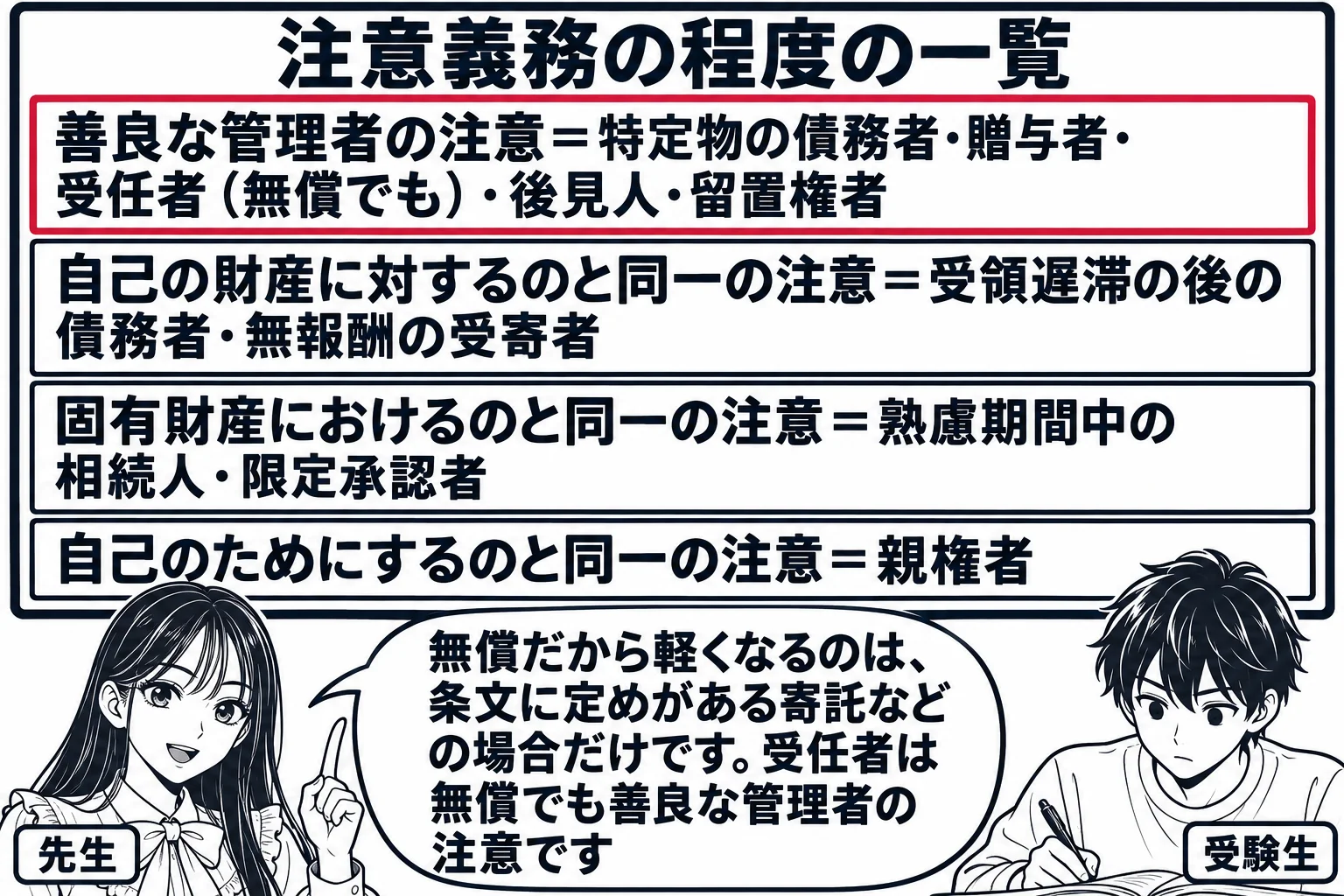 教室の場面。先生が教師役（札「先生」）で黒板の前に立つ。黒板に縦に段の並んだ表があり、上から「善良な管理者の注意＝特定物の債務者・贈与者・受任者（無償でも）・後見人・留置権者」「自己の財産に対するのと同一の注意＝受領遅滞の後の債務者・無報酬