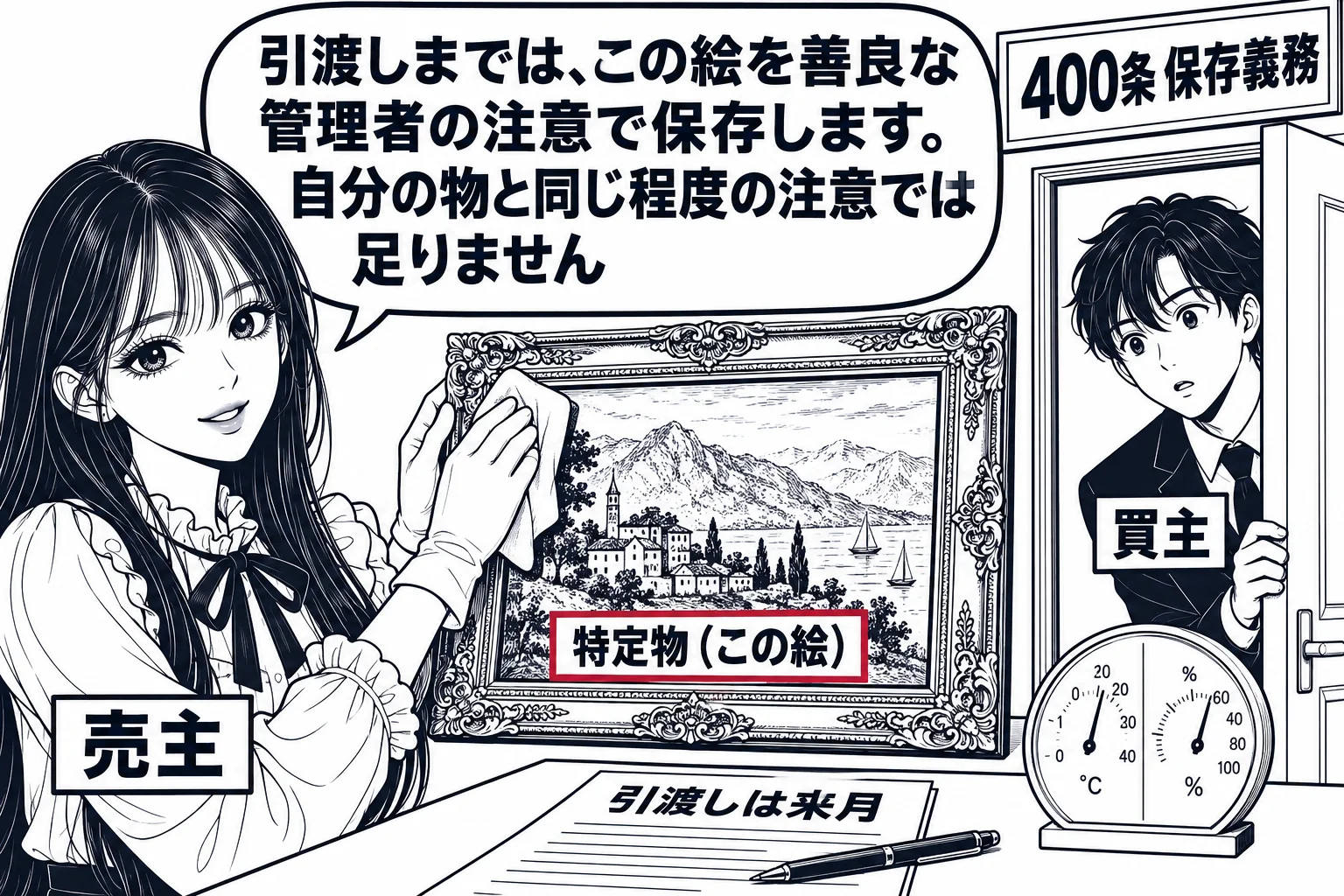 画廊の倉庫の場面。壁に一枚の絵画が掛かり、札「特定物（この絵）」が付いている。先生が売主役（札「売主」）で、手袋をはめて絵の額を布で丁寧に拭いている。横の机に契約書（「引渡しは来月」）と、温度湿度計。入口から男性（札「買主」）がのぞき込んで