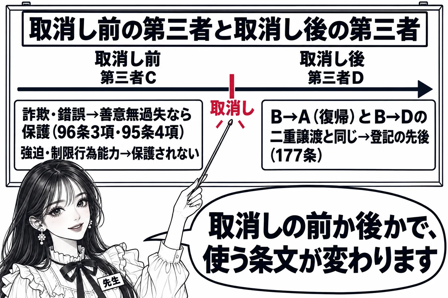 板書の図解。黒板に時間の矢印があり、中央に「取消し」の目盛り。左側（取消し前）に「第三者C」と書き、その下に「詐欺・錯誤→善意無過失なら保護（96条3項・95条4項）」「強迫・制限行為能力→保護されない」。右側（取消し後）に「第三者D」と書
