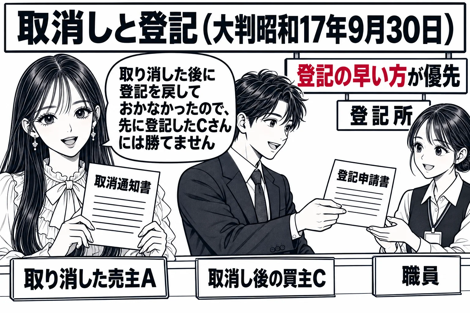 登記所の窓口の場面。窓口の前で、先生が売主役（札「取り消した売主A」）として取消しの通知書を手に持ち、少し離れた窓口では別の男性（札「取消し後の買主C」）が登記の申請書を職員に差し出している。窓口の上の掲示「登記の早い方が優先」。先生の吹き