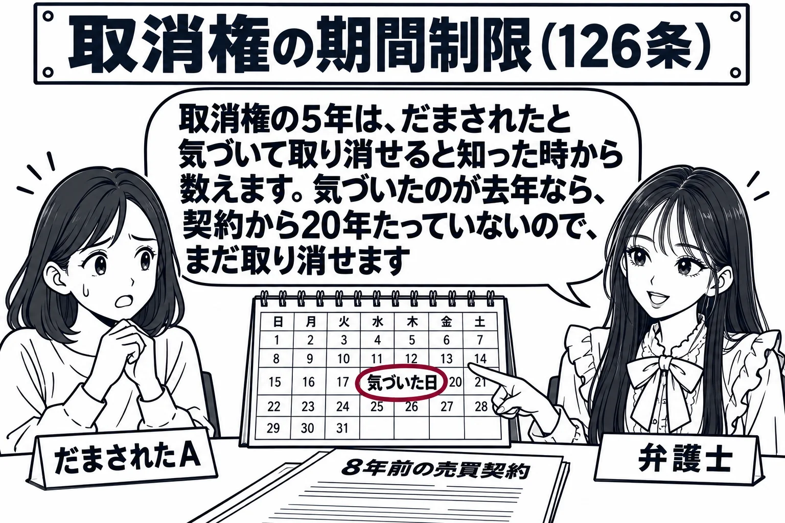 法律事務所の相談室の場面。机の上に古い契約書（「8年前の売買契約」）。女性の相談者（札「だまされたA」）が座っている。先生が弁護士役（札「弁護士」）で向かいに座り、カレンダーを指さしている。先生の吹き出し「取消権の5年は、だまされたと気づい
