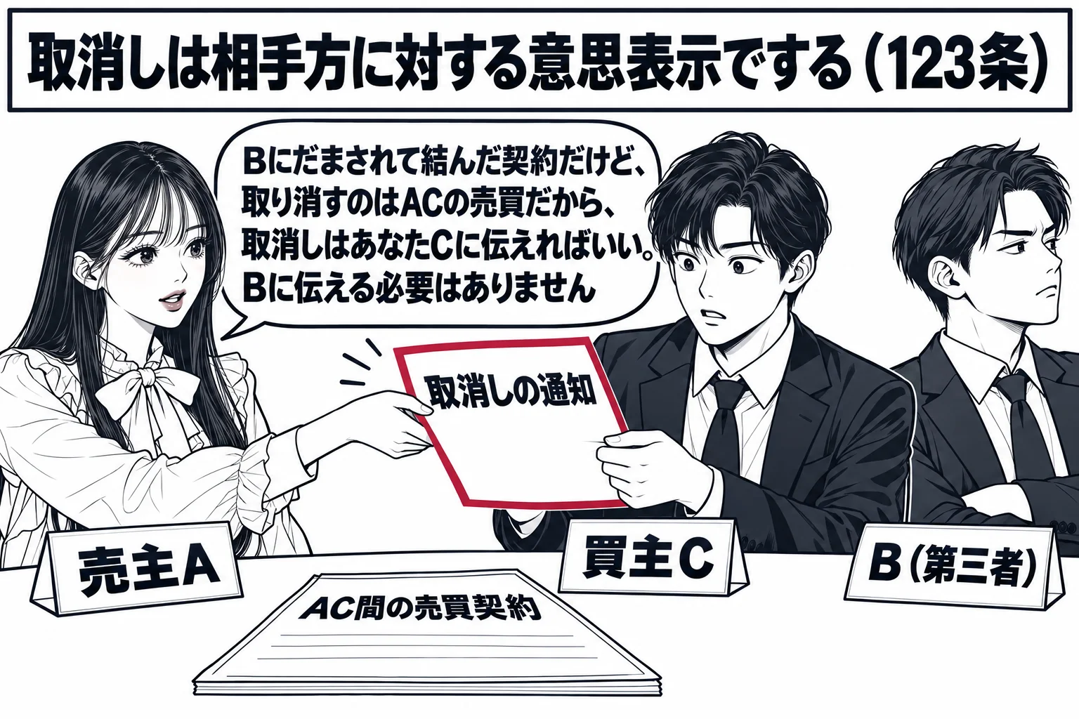 不動産会社の応接室の場面。テーブルの上に売買契約書（「AC間の売買契約」）。先生が売主役（札「売主A」）で座り、向かいに男性（札「買主C」）が座っている。部屋の隅で、だました男性（札「B（第三者）」）がそっぽを向いている。先生が買主Cに書面