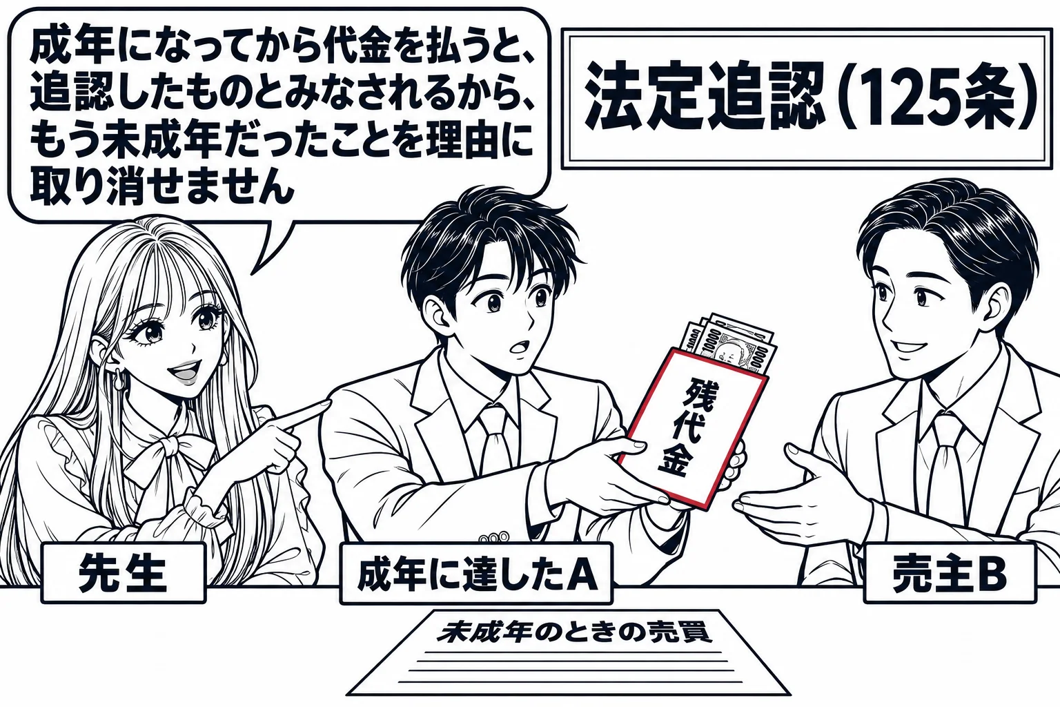 不動産会社の窓口の場面。カウンターの上に売買契約書（「未成年のときの売買」）と、現金の入った封筒（「残代金」）。若い男性（札「成年に達したA」）が封筒を差し出している。先生が助言役（札「先生」）で男性の横に立ち、封筒を指さしている。カウンタ