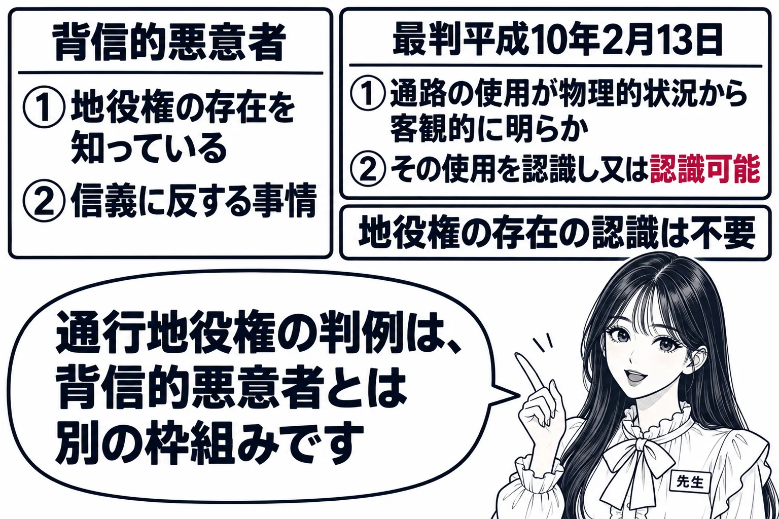 板書の図解。左に「背信的悪意者」の箱「①地役権の存在を知っている ②信義に反する事情」。右に「最判平成10年2月13日」の箱「①通路の使用が物理的状況から客観的に明らか ②その使用を認識し又は認識可能」。右の箱の下に「地役権の存在の認識は不