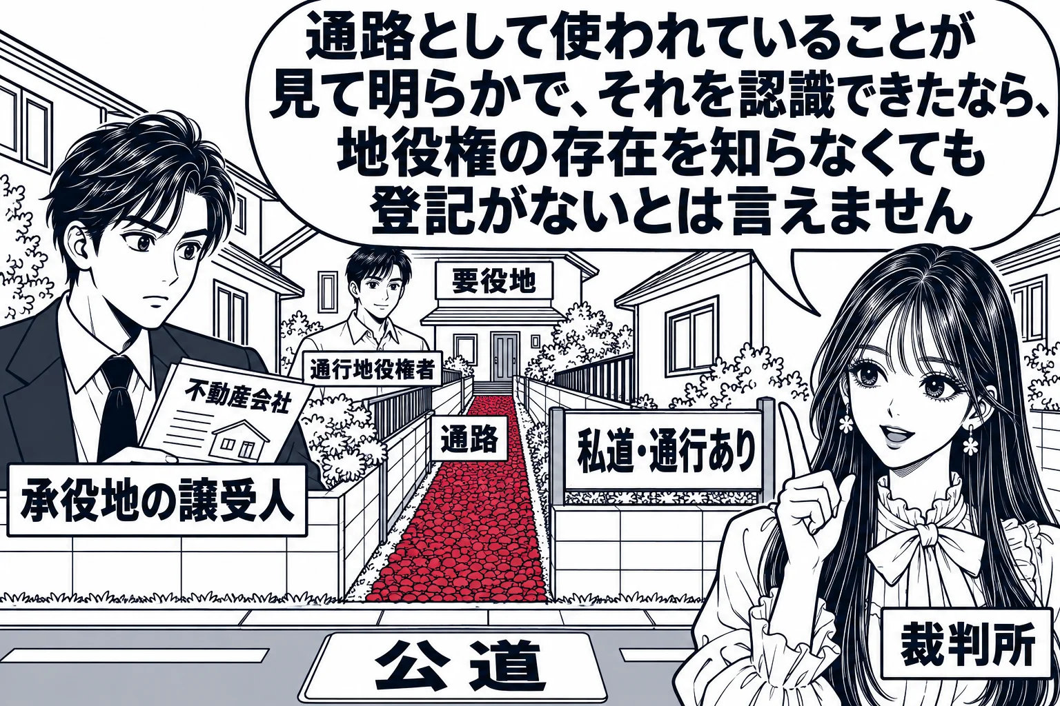 住宅地の通路の場面。砂利が敷かれた細い通路（札「通路」）が奥の家（札「要役地」）から公道へ続き、通路の脇に立て札「私道・通行あり」。通路のある土地の前で、男性（札「承役地の譲受人」）が不動産会社の書類を手に通路を見ている。奥の家の前に男性（