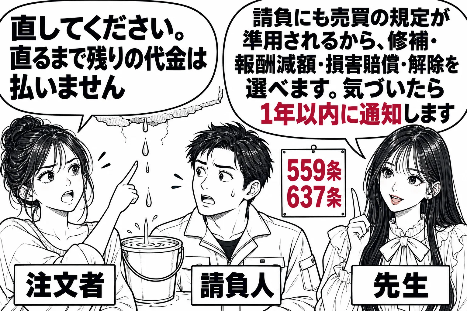 完成した戸建て住宅の室内の場面。天井から雨漏りがしてバケツに水が落ちている。女性（札「注文者」）が天井を指し、作業着の男性（札「請負人」）に「直してください。直るまで残りの代金は払いません」と言っている。先生が解説役（札「先生」）で横に立ち