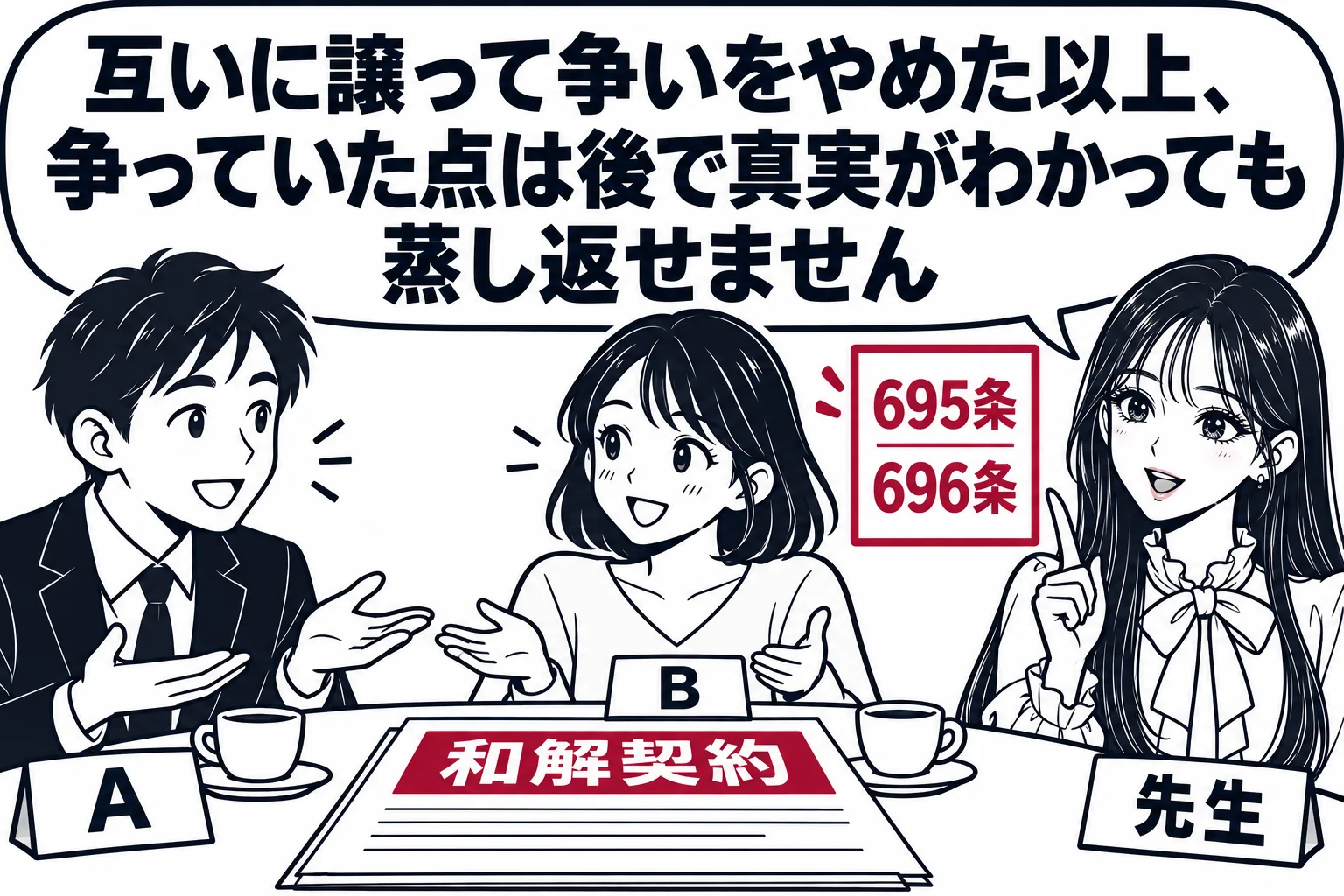 喫茶店のテーブルの場面。男性（札「A」）と女性（札「B」）が向かい合い、テーブルの上に契約書（札「和解契約」）が置かれ、二人とも少しずつ譲り合う身ぶりをしている。先生が解説役（札「先生」）で横に立ち、吹き出し「互いに譲って争いをやめた以上、