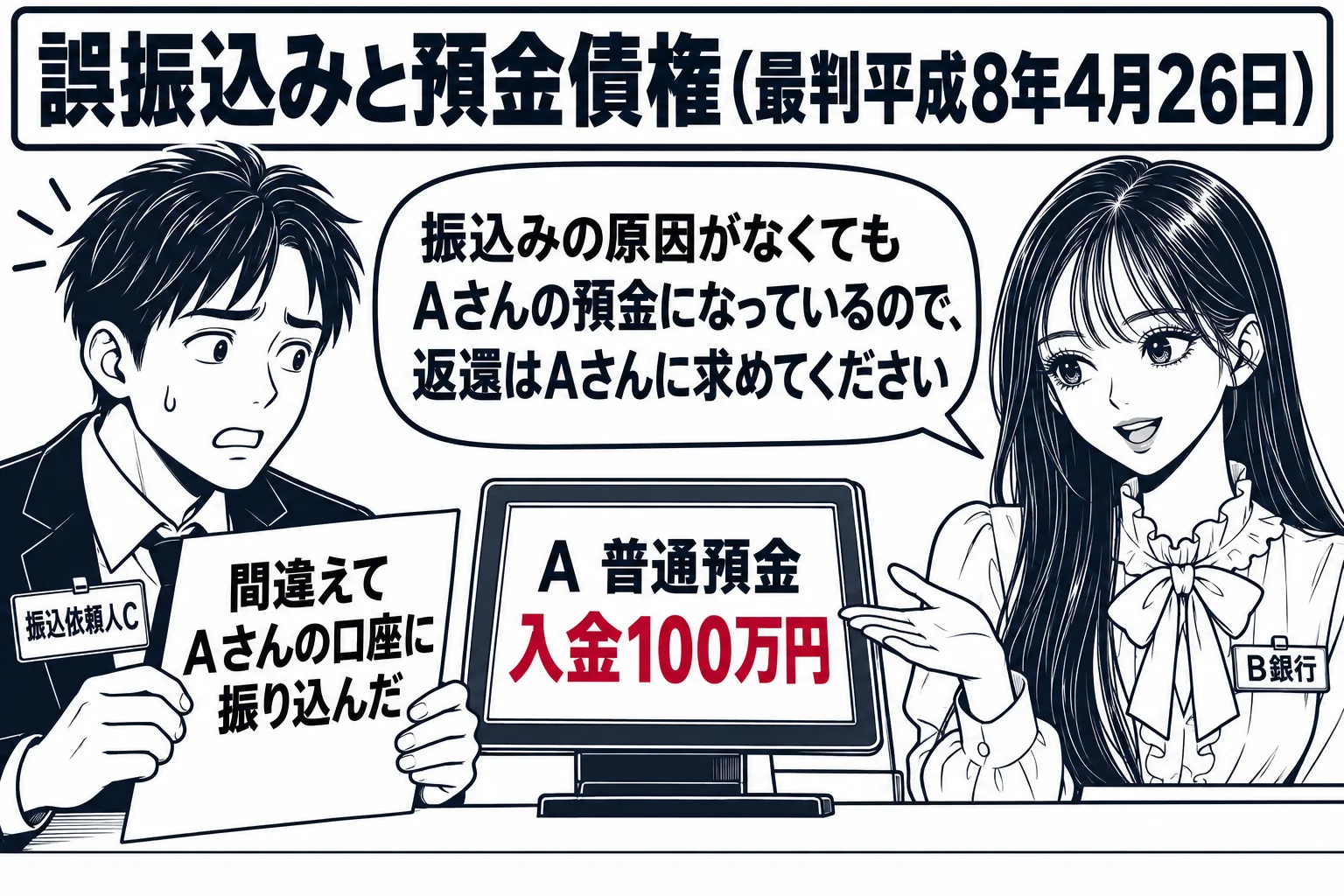銀行の窓口の場面。先生が銀行員役（札「B銀行」）でカウンターに立ち、前に男性（札「振込依頼人C」）が「間違えてAさんの口座に振り込んだ」と書かれた紙を持って困った顔をしている。カウンターの端末の画面に「A 普通預金 入金100万円」。先生の