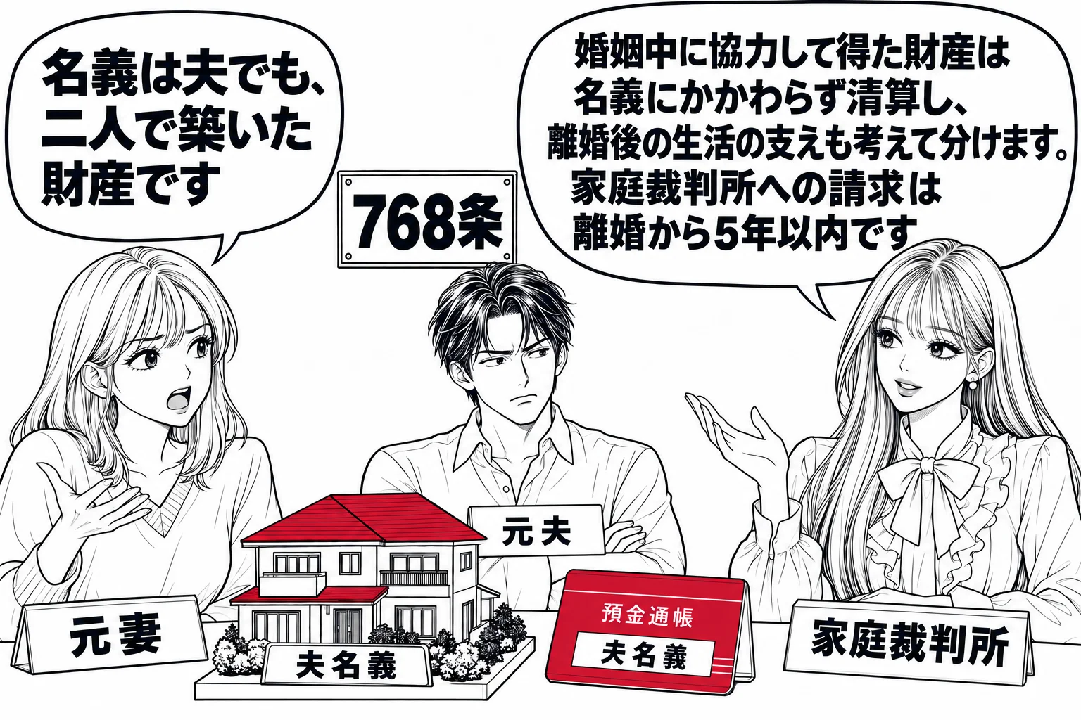 家庭裁判所の調停室の場面。テーブルの上に、夫名義の家と預金通帳の模型が置かれている。女性（札「元妻」）が「名義は夫でも、二人で築いた財産です」と言い、男性（札「元夫」）が腕を組んでいる。先生が調停委員役（札「家庭裁判所」）で座り、吹き出し「