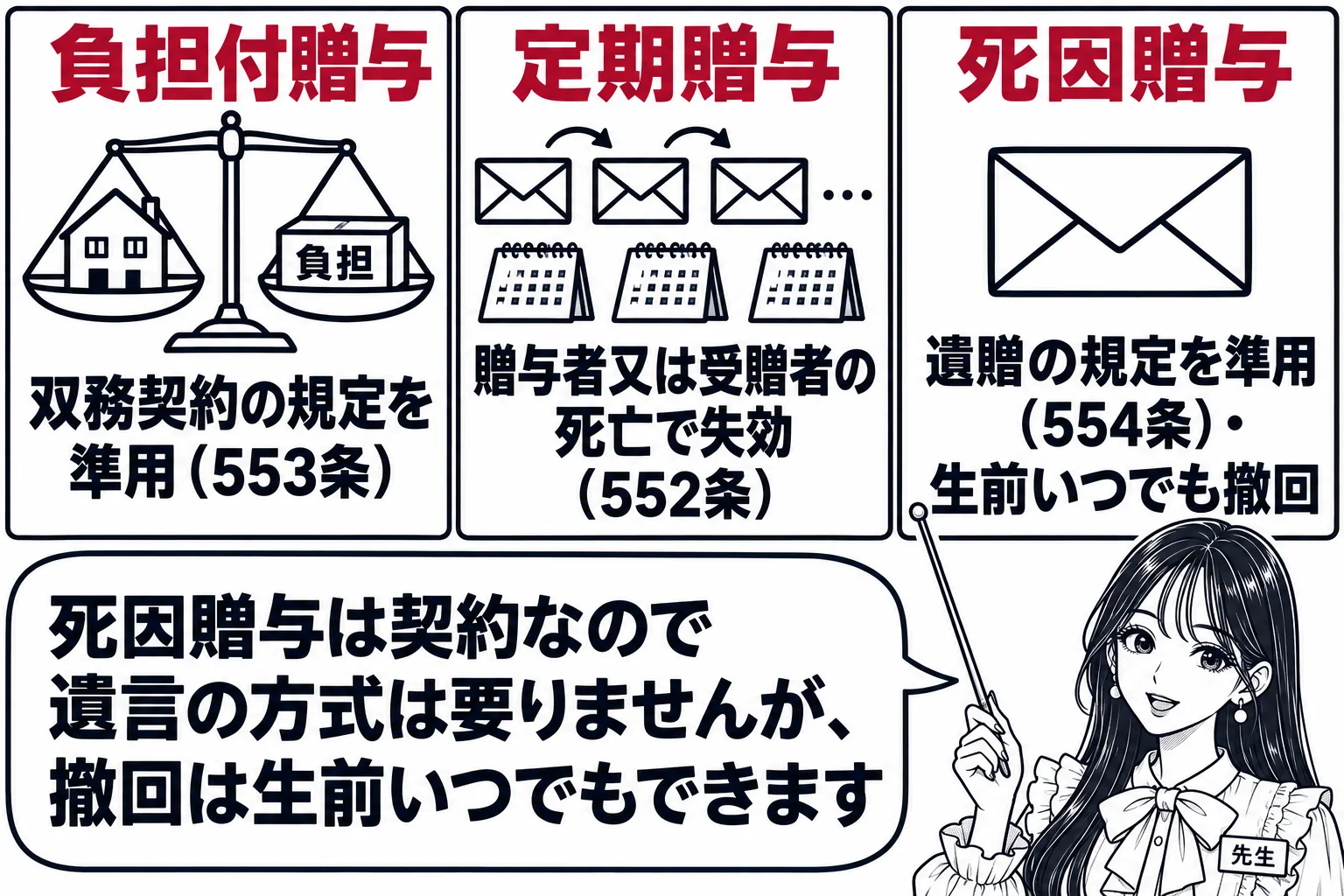 板書の図解。黒板を三つの枠に分け、左の枠「負担付贈与」に天秤の絵（片方に家、片方に「負担」と書いた箱）と「双務契約の規定を準用（553条）」、中央の枠「定期贈与」に毎月の封筒の絵と「贈与者又は受贈者の死亡で失効（552条）」、右の枠「死因贈