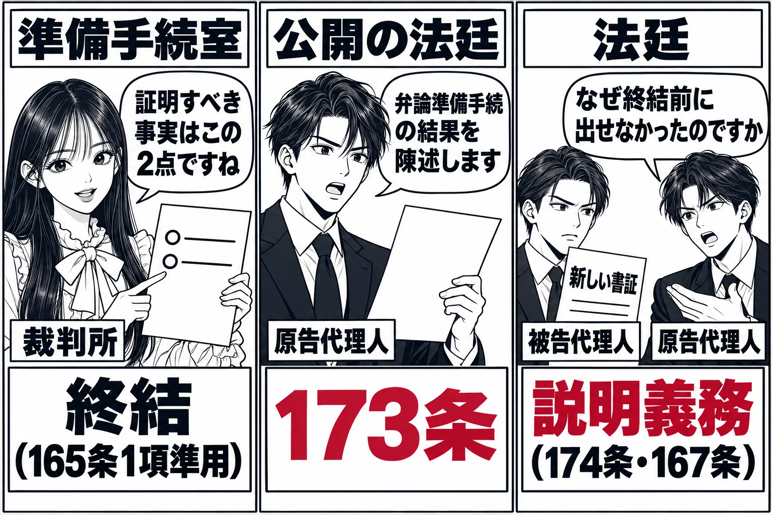 左から右へ3コマの流れ。1コマ目は準備手続室で先生（札「裁判所」）が「証明すべき事実はこの2点ですね」と確認している場面、札「終結（165条1項準用）」。2コマ目は公開の法廷で原告代理人が「弁論準備手続の結果を陳述します」と述べる場面、札「