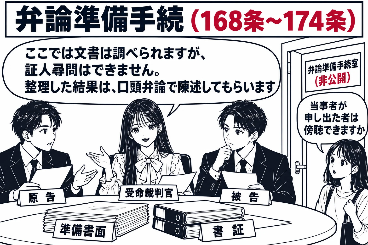 裁判所の準備手続室。楕円のラウンドテーブルを囲み、奥に先生が裁判官役（札「受命裁判官」）、左右に原告代理人（札「原告」）と被告代理人（札「被告」）。テーブルの上に準備書面の束と書証のファイル。部屋の扉に札「弁論準備手続室（非公開）」。扉の外