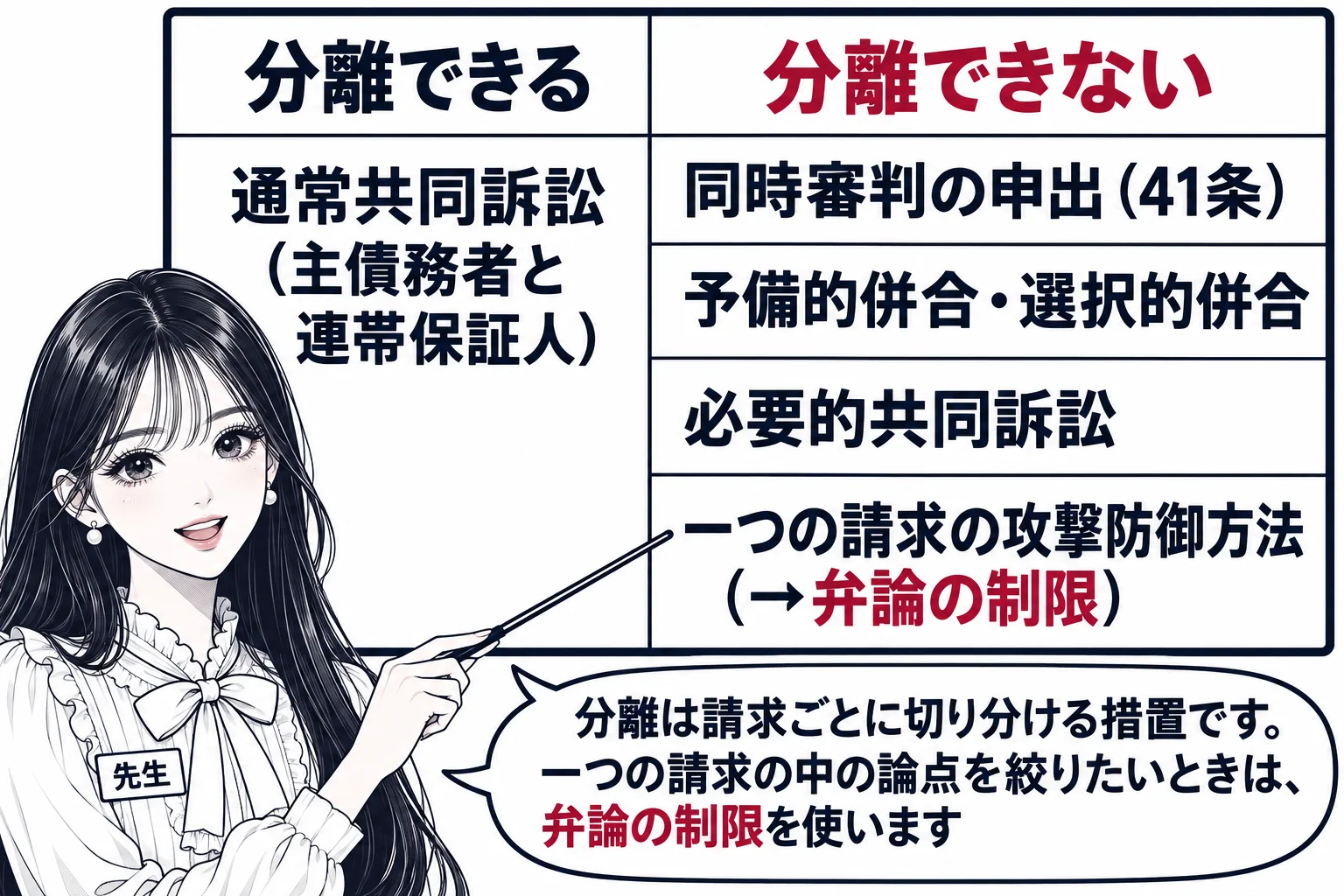 板書の図解。黒板を左右に分け、左に見出し「分離できる」として「通常共同訴訟（主債務者と連帯保証人）」、右に見出し「分離できない」として「同時審判の申出（41条）」「予備的併合・選択的併合」「必要的共同訴訟」「一つの請求の攻撃防御方法（→弁論