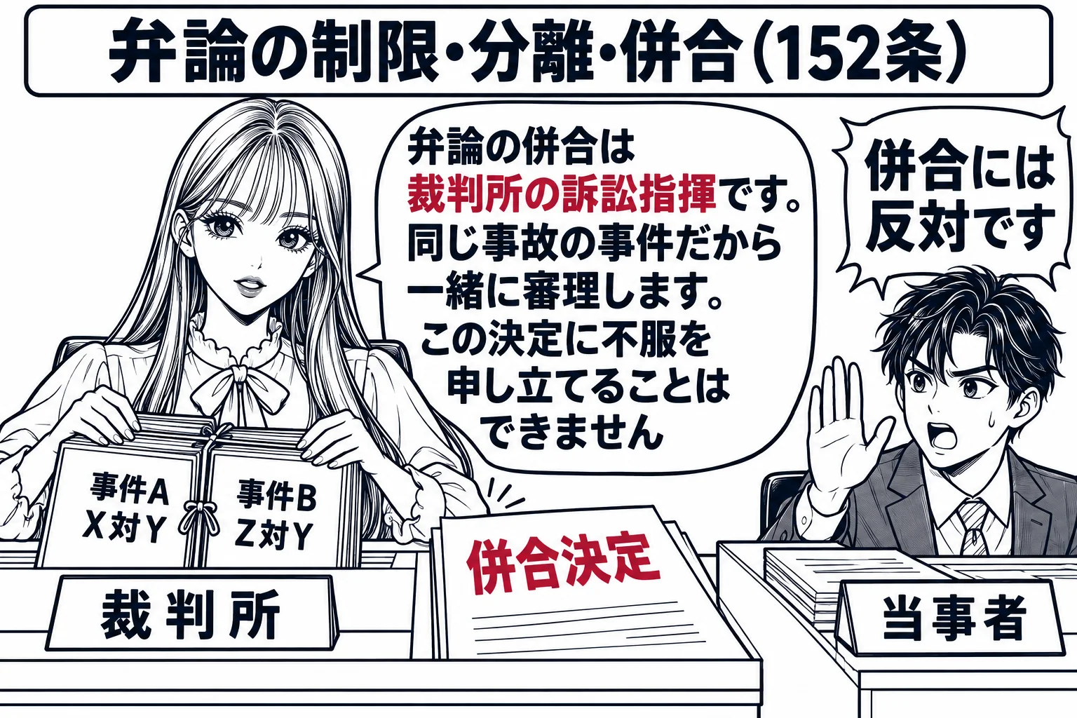 民事の法廷の場面。正面の裁判官席で先生が裁判官役（札「裁判所」）として、机の上の2冊の訴訟記録を1冊に重ねて綴じ合わせている。記録の表紙には「事件A　X対Y」「事件B　Z対Y」とある。傍らに「併合決定」と書かれた紙がある。原告席の男性（札「