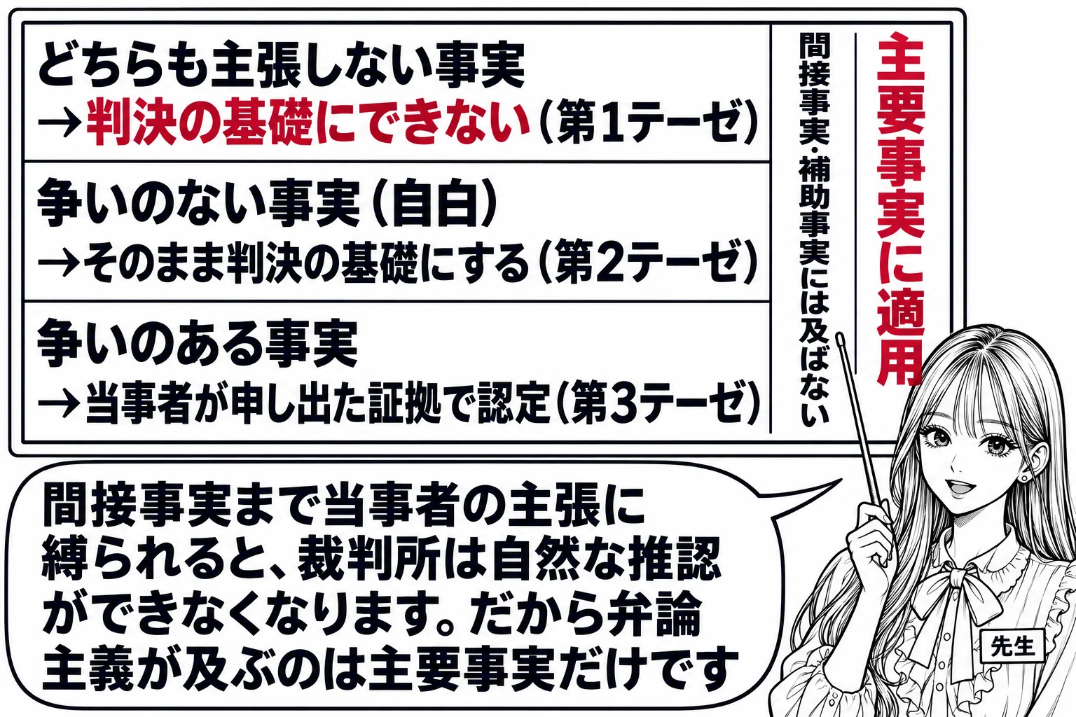 板書の図解。黒板に3段の表が描かれている。1段目「どちらも主張しない事実→判決の基礎にできない（第1テーゼ）」、2段目「争いのない事実（自白）→そのまま判決の基礎にする（第2テーゼ）」、3段目「争いのある事実→当事者が申し出た証拠で認定（第