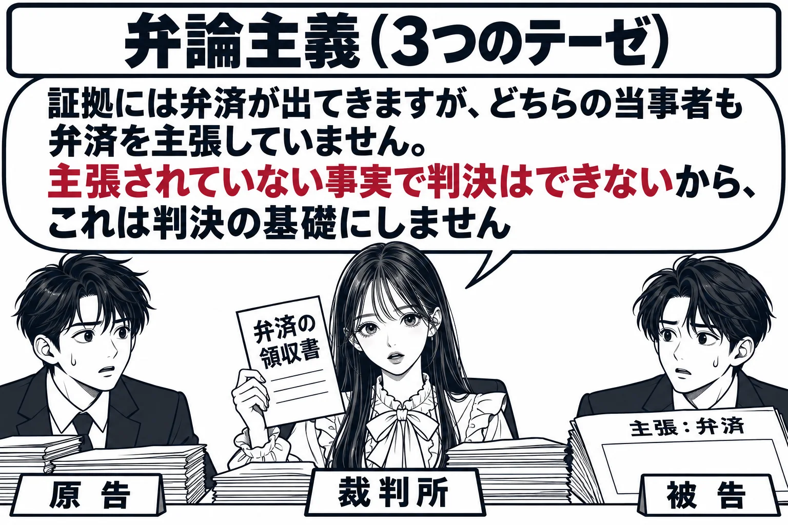 民事の法廷の場面。正面の裁判官席で先生が裁判官役（札「裁判所」）として、証拠の書類の山の中から「弁済の領収書」と書かれた紙を見つけて手に取っている。原告（札「原告」）と被告（札「被告」）は左右の席に座っており、どちらの頭上にも吹き出しは無く