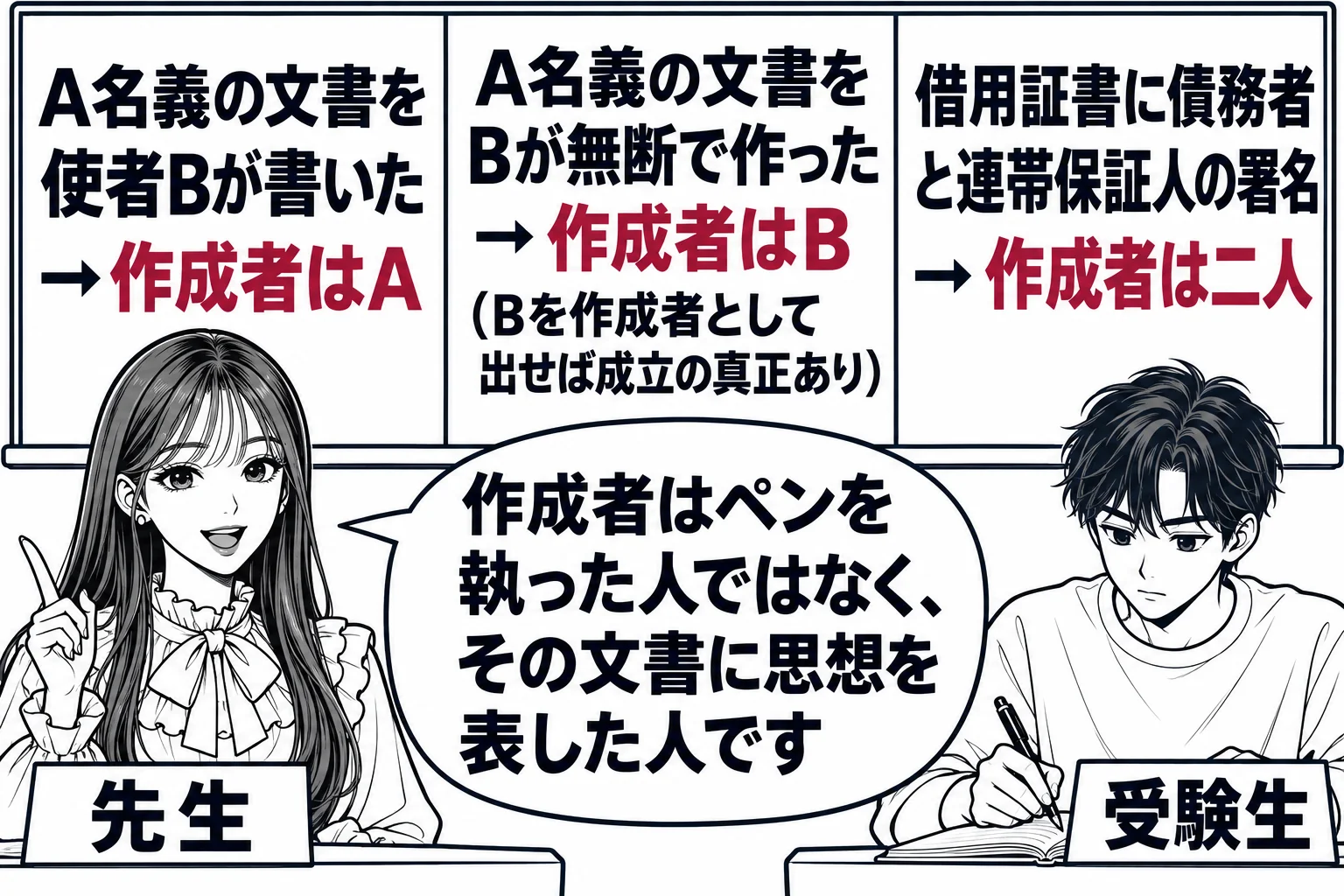 教室の場面。先生が教師役（札「先生」）で黒板の前に立つ。黒板の左に「A名義の文書を使者Bが書いた → 作成者はA」、中央に「A名義の文書をBが無断で作った → 作成者はB（Bを作成者として出せば成立の真正あり）」、右に「借用証書に債務者と連