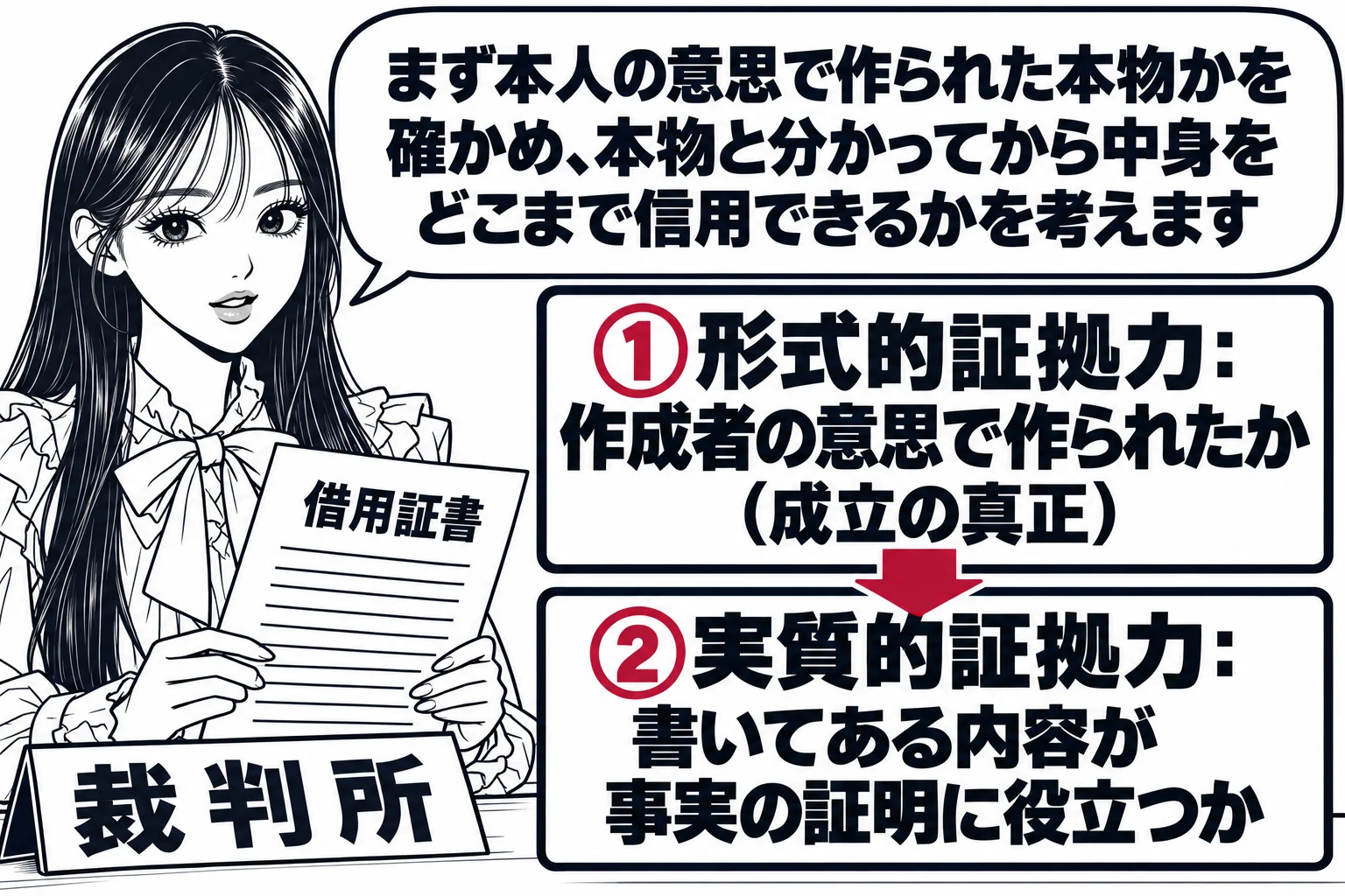 裁判官室の机の上で借用証書を確かめている場面。先生が裁判官役（札「裁判所」）として借用証書を手に持ち、机の上に二段の看板が立っている。上段「①形式的証拠力：作成者の意思で作られたか（成立の真正）」、下段「②実質的証拠力：書いてある内容が事実