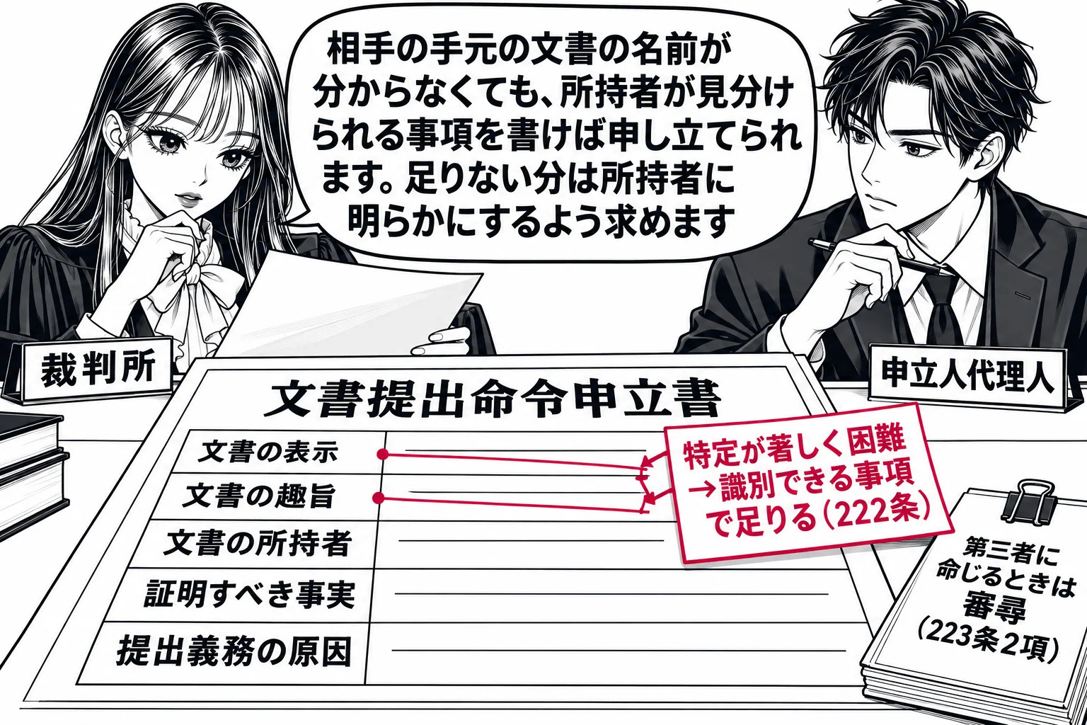 裁判官室で文書提出命令の申立書を審査している場面。机の上の申立書に五つの欄「文書の表示」「文書の趣旨」「文書の所持者」「証明すべき事実」「提出義務の原因」が見え、「文書の表示」「文書の趣旨」の欄に付箋「特定が著しく困難→識別できる事項で足り