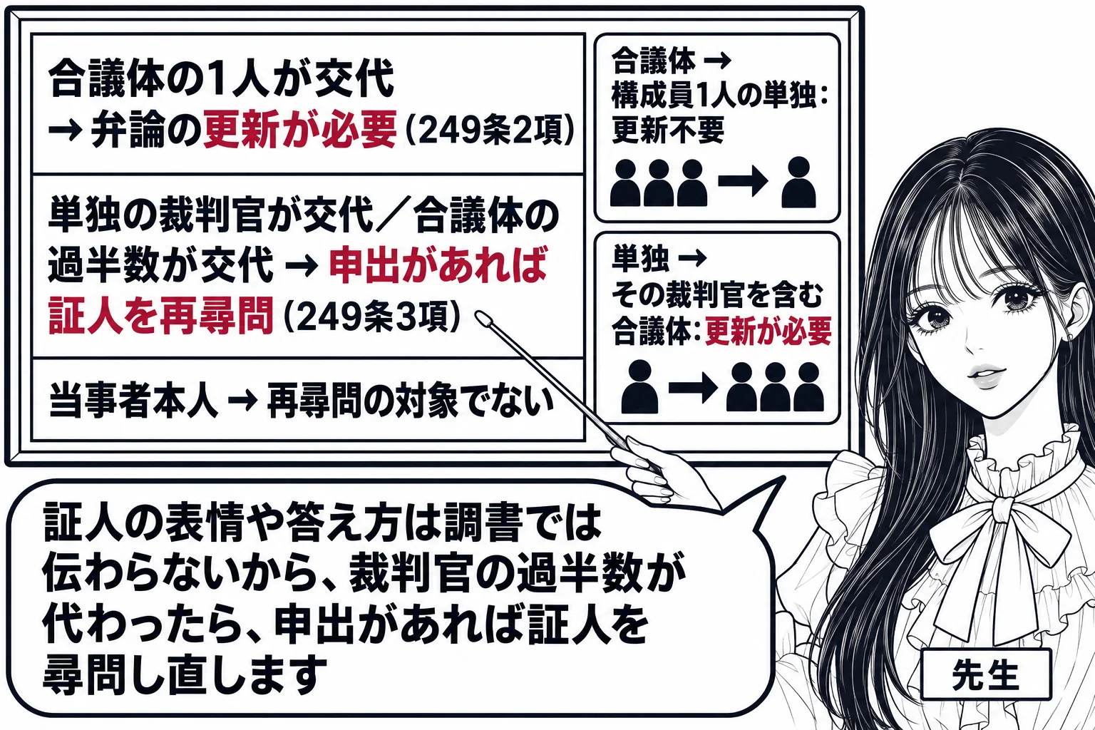 板書の図解。黒板に3段の表が描かれている。1段目「合議体の1人が交代→弁論の更新が必要（249条2項）」、2段目「単独の裁判官が交代／合議体の過半数が交代→申出があれば証人を再尋問（249条3項）」、3段目「当事者本人→再尋問の対象でない」