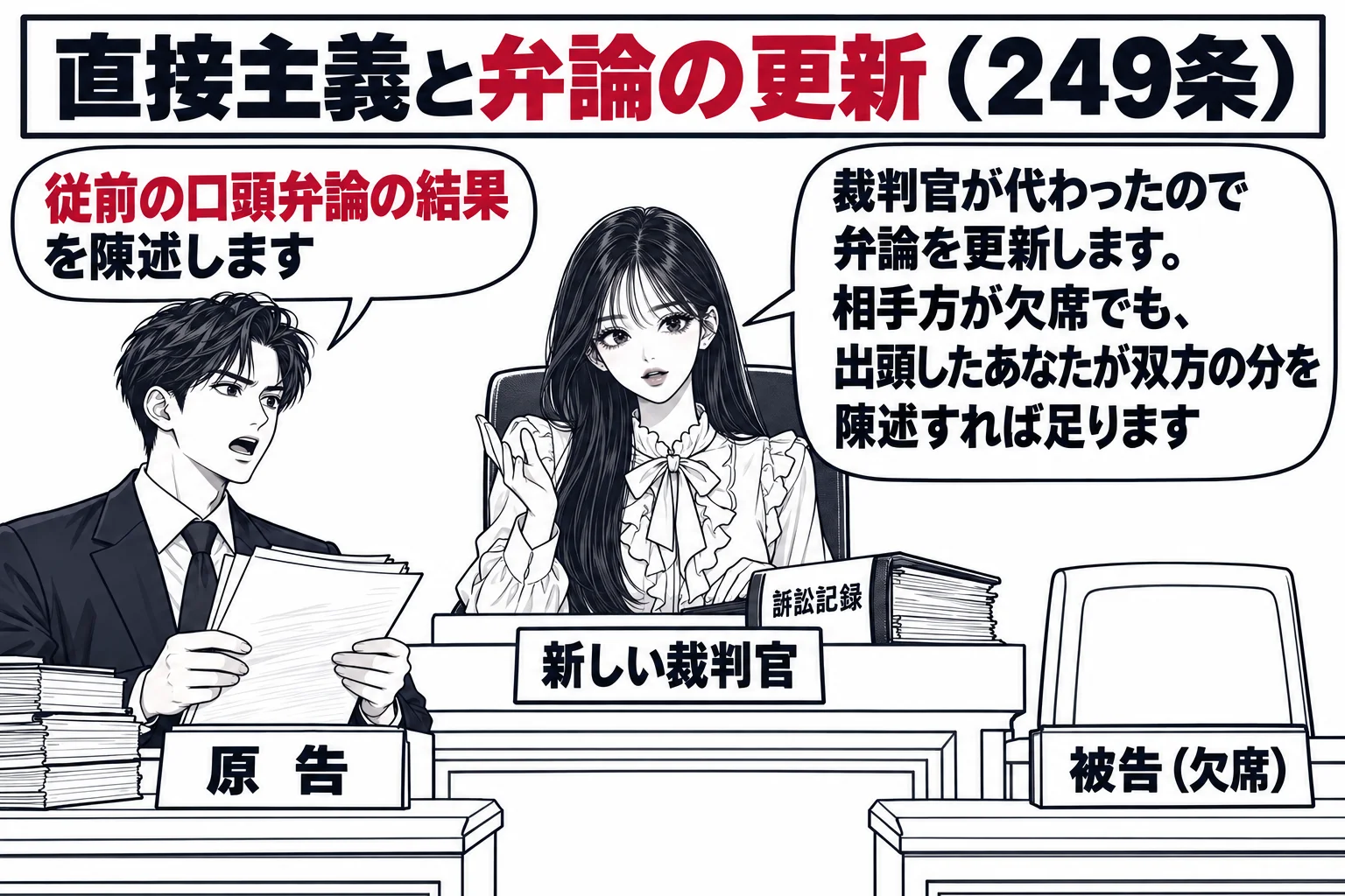 民事の法廷の場面。裁判官席には、転勤で代わったばかりの新しい裁判官として先生が座り（札「新しい裁判官」）、手元に分厚い「訴訟記録」のファイルがある。原告席の男性（札「原告」）が立って「従前の口頭弁論の結果を陳述します」と述べ、被告席は空席で
