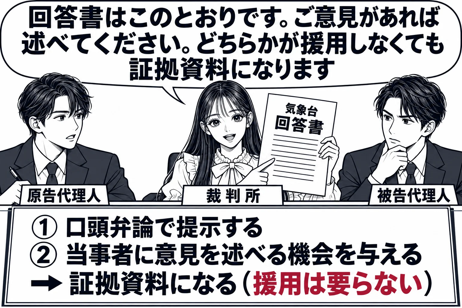 法廷の場面。法壇の先生が裁判官役（札「裁判所」）として、気象台からの回答書を掲げて当事者に示している。左右の席に男性二人（札「原告代理人」「被告代理人」）が座る。法壇の前のボードに「①口頭弁論で提示する ②当事者に意見を述べる機会を与える 