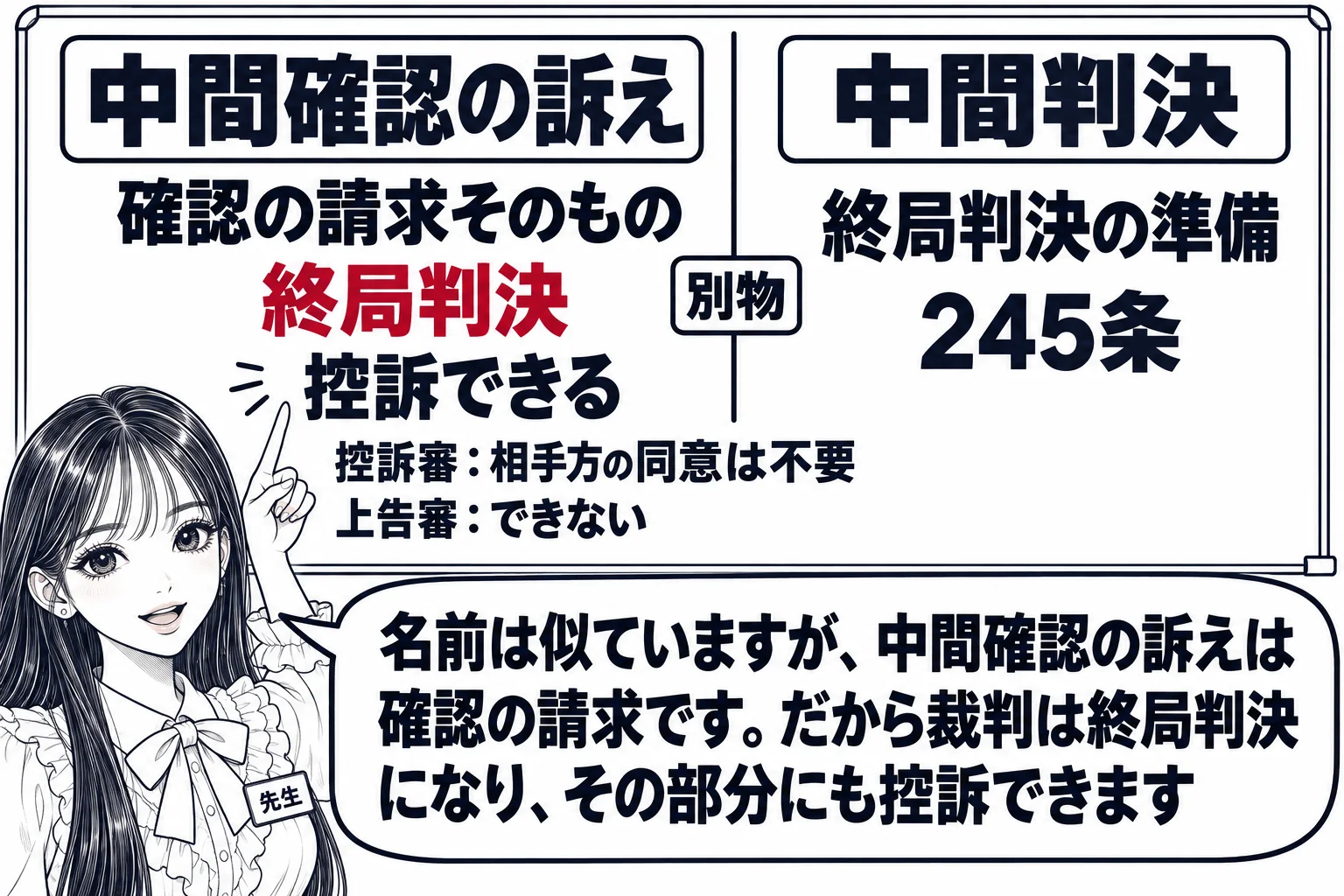 教室の板書の図解。黒板の左に「中間確認の訴え」、右に「中間判決」と大きく書き、間に「別物」と書いた縦線。左の下に「確認の請求そのもの」「終局判決」「控訴できる」、右の下に「終局判決の準備」「245条」。左の欄の下に小さく「控訴審：相手方の同