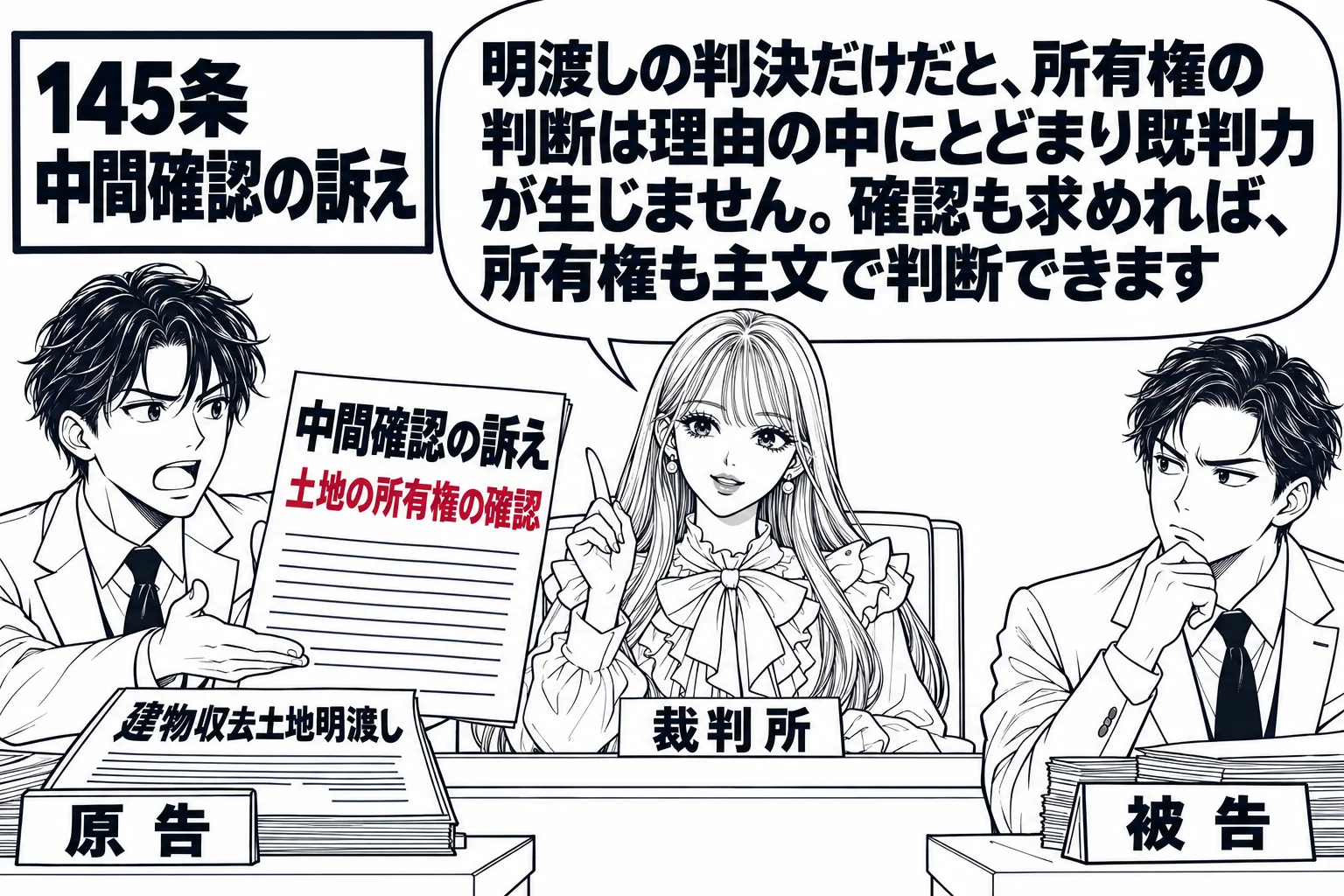 地方裁判所の法廷の場面。原告席の男性（札「原告」）の前に訴状「建物収去土地明渡し」が置かれ、男性がもう1枚の書面「中間確認の訴え　土地の所有権の確認」を差し出している。被告席に男性（札「被告」）。法壇に先生が裁判官役（札「裁判所」）として座