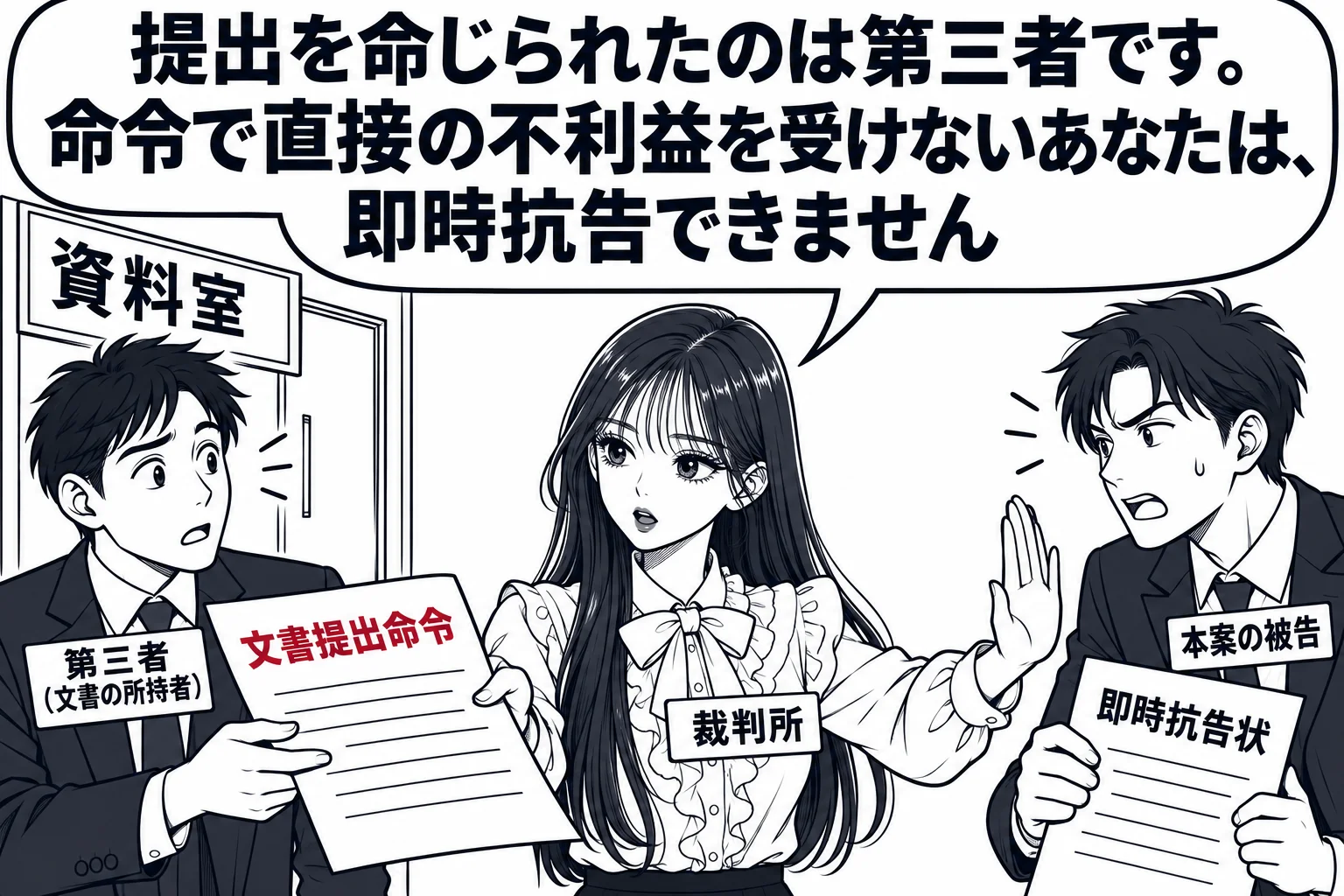 会社の資料室の前で、男性（札「第三者（文書の所持者）」）が「文書提出命令」と書かれた書面を受け取っている。少し離れて男性（札「本案の被告」）が「即時抗告状」を手に持って近づこうとしている。先生が裁判官役（札「裁判所」）として間に立ち、手のひ