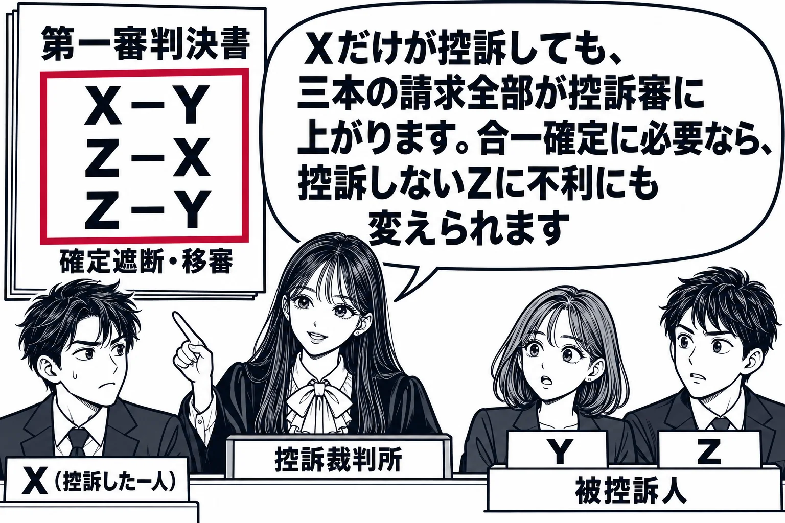 控訴審の法廷の場面。第一審判決書を描いた大きな紙が掲示され、三本の線「X−Y」「Z−X」「Z−Y」が書かれ、三本全体を囲む枠に「確定遮断・移審」。控訴人席に男性（札「X（控訴した一人）」）。被控訴人側にY、Zが座る。先生が裁判官役（札「控訴
