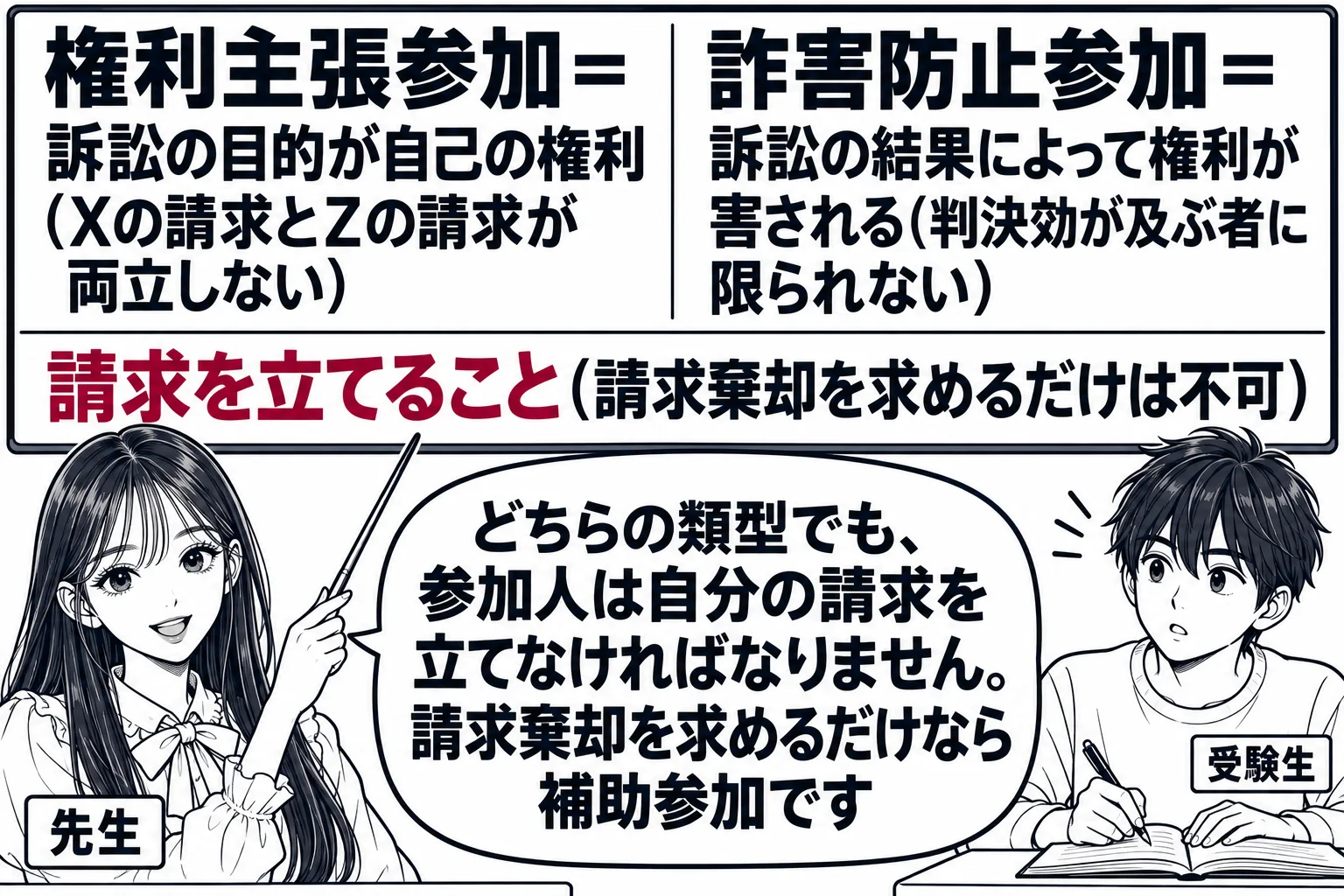 教室の場面。先生が教師役（札「先生」）で黒板の前に立つ。黒板の左に「権利主張参加＝訴訟の目的が自己の権利（Xの請求とZの請求が両立しない）」、右に「詐害防止参加＝訴訟の結果によって権利が害される（判決効が及ぶ者に限られない）」。下に大きく「