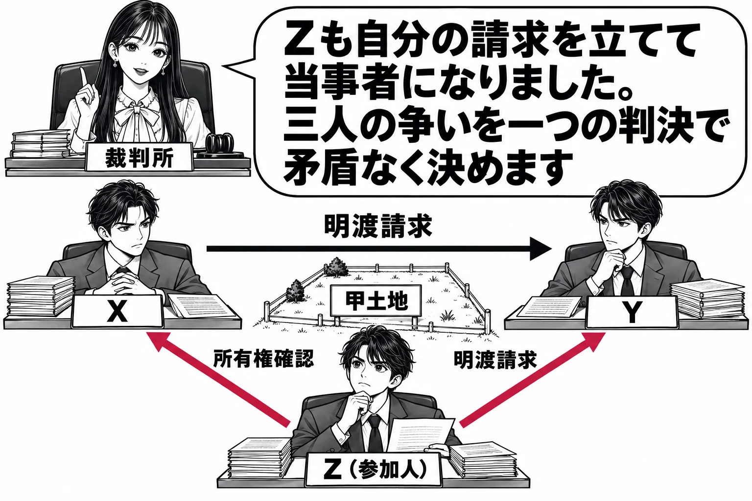 法廷を上から見た図。原告席に男性（札「X」）、被告席に男性（札「Y」）、二人と三角形をなす位置に第三の席があり、男性（札「Z（参加人）」）が座っている。XからYへ矢印「明渡請求」、ZからXへ矢印「所有権確認」、ZからYへ矢印「明渡請求」。三