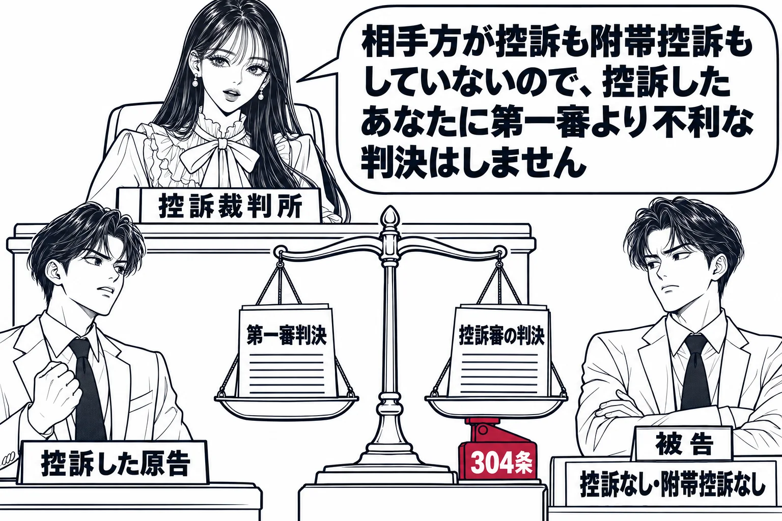 高等裁判所の控訴審の法廷の場面。法壇に先生が裁判長役（札「控訴裁判所」）として座る。手前の当事者席に男性（札「控訴した原告」）が一人立ち、相手方の席の男性（札「被告」）は腕を組んで座り、その机に「控訴なし・附帯控訴なし」の札。法壇の前に天秤