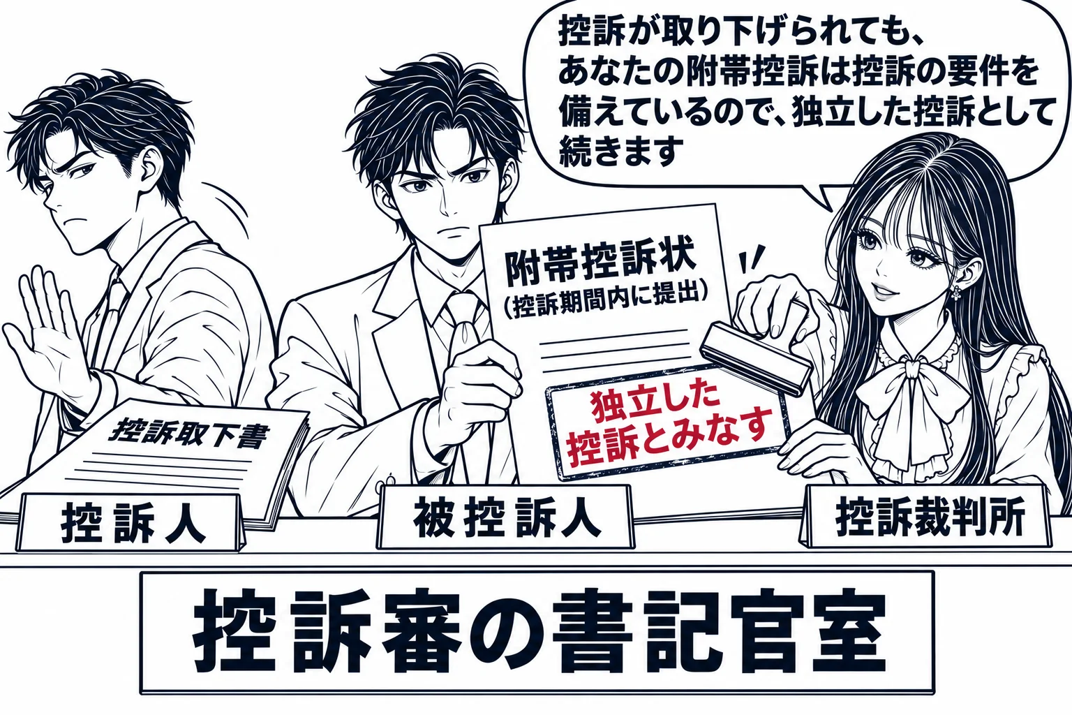 控訴審の書記官室の場面。カウンターの上に「控訴取下書」が置かれ、男性（札「控訴人」）が去っていく。カウンターの前に男性（札「被控訴人」）が「附帯控訴状（控訴期間内に提出）」と書かれた書面を持って立っている。先生が裁判所書記官役（札「控訴裁判