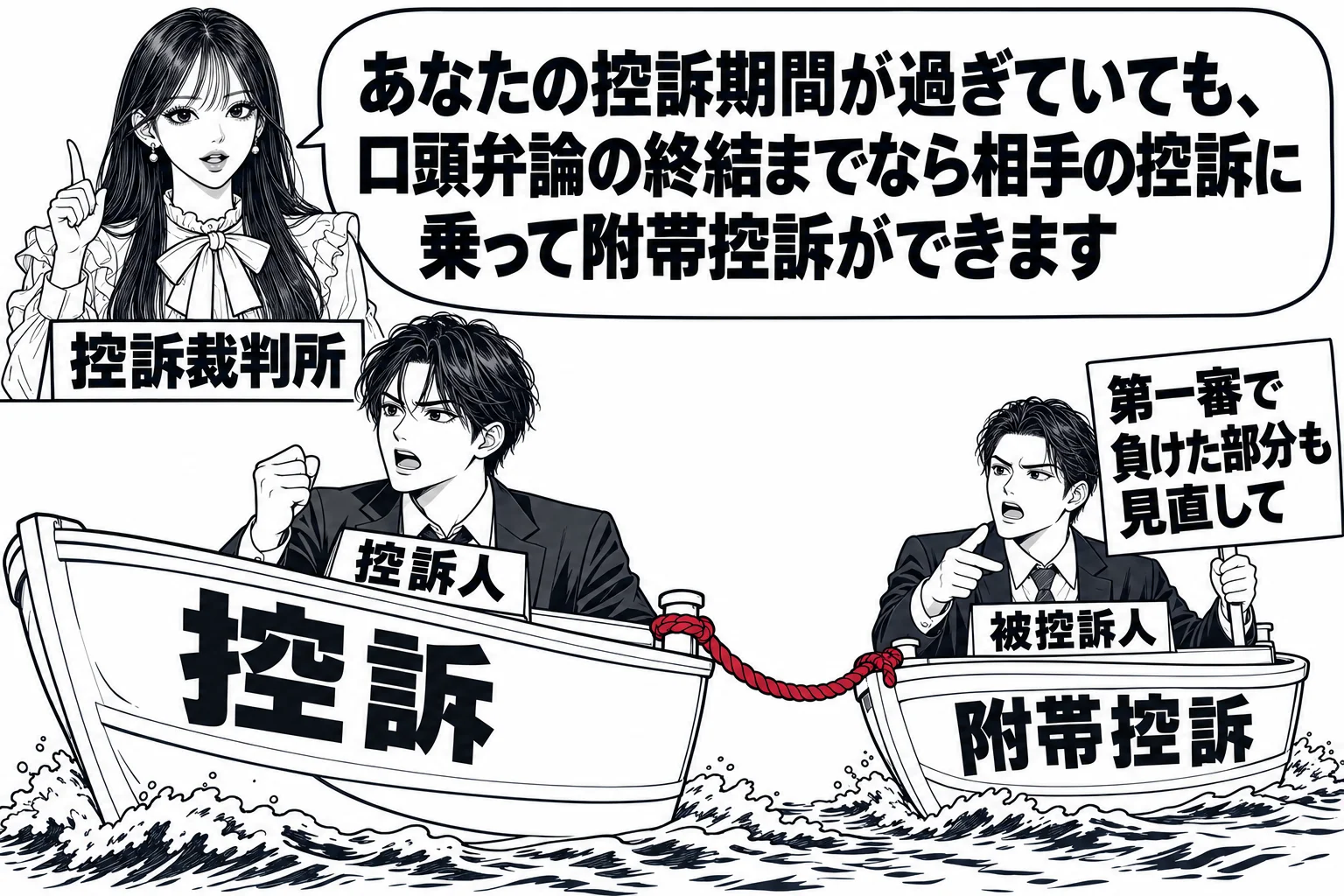 高等裁判所の控訴審の法廷の場面。手前に男性（札「控訴人」）が「控訴」と書かれた大きな船に乗っている。その船の後ろに小さなボート（札「附帯控訴」）がロープでつながれ、ボートに男性（札「被控訴人」）が乗って「第一審で負けた部分も見直して」と書い