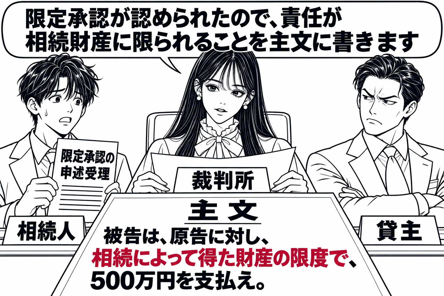 法廷の場面。法壇の先生（札「裁判所」）が主文を読み上げ、主文の紙に「被告は、原告に対し、相続によって得た財産の限度で、500万円を支払え。」と書かれている。被告席の男性（札「相続人」）の手元に「限定承認の申述受理」の書類。原告席の男性（札「