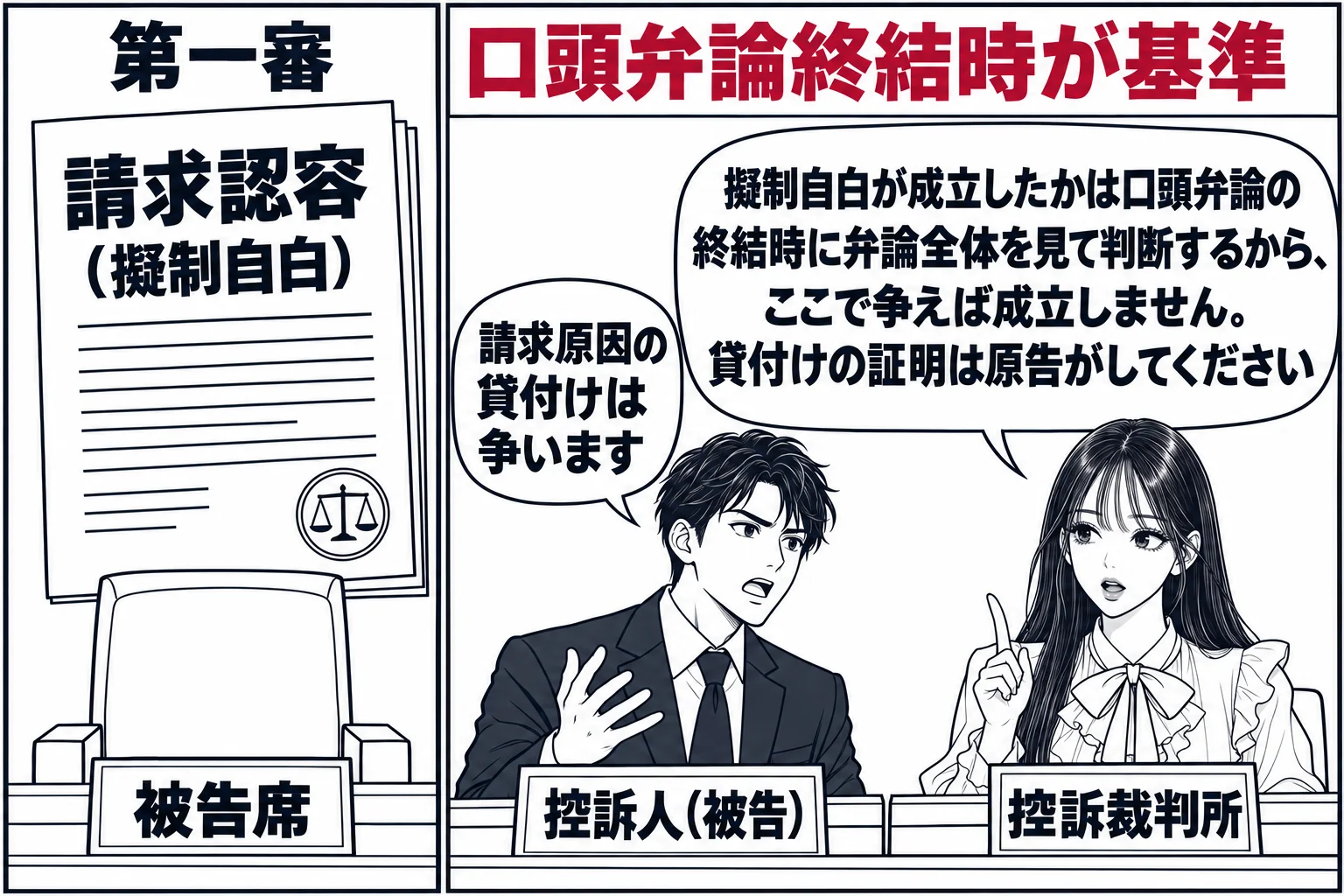 左右2コマ。左のコマは第一審の法廷で、被告席が空席、判決書の表題「請求認容（擬制自白）」。右のコマは控訴審の法廷で、被告代理人（札「控訴人（被告）」）が立ち「請求原因の貸付けは争います」と述べ、裁判官席の先生（札「控訴裁判所」）の吹き出し「