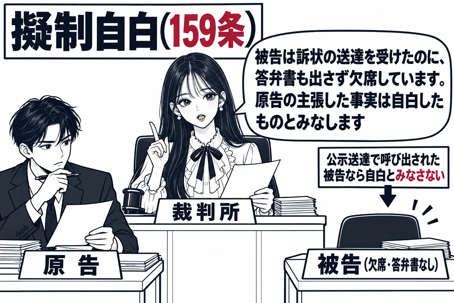 法廷の場面。原告席に原告代理人（札「原告」）が座り、被告席は空席で机の上に札「被告（欠席・答弁書なし）」が置かれている。裁判官席の先生（札「裁判所」）の吹き出し「被告は訴状の送達を受けたのに、答弁書も出さず欠席しています。原告の主張した事実