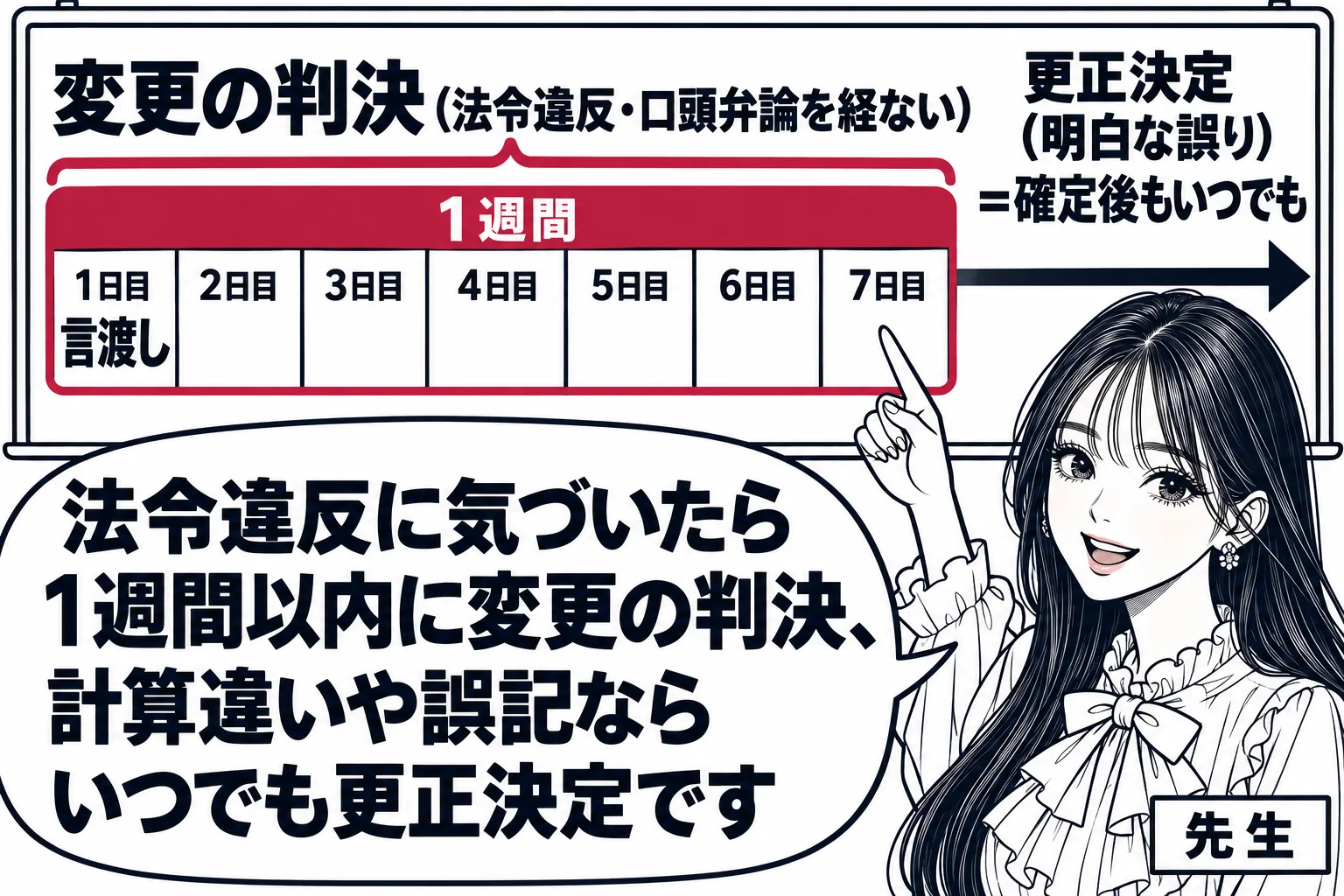 板書の図解。黒板に横長のカレンダーがあり、左端の日に「言渡し」、そこから7日目までが帯で囲まれ「変更の判決（法令違反・口頭弁論を経ない）」、カレンダーの右端を越えて矢印が伸び「更正決定（明白な誤り）＝確定後もいつでも」と書かれている。黒板の