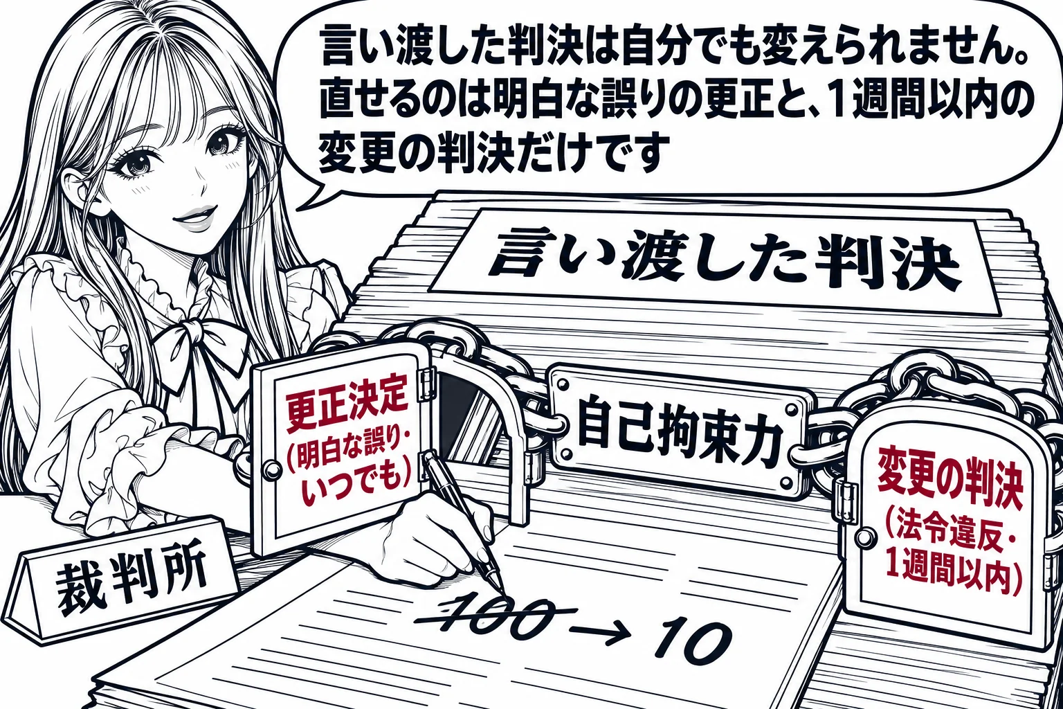 裁判官室の場面。机の上に言い渡し済みの判決（札「言い渡した判決」）が置かれ、その上に太い鎖が掛かっている（鎖に札「自己拘束力」）。鎖には小さな扉が2つだけ付いていて、左の扉に「更正決定（明白な誤り・いつでも）」、右の扉に「変更の判決（法令違