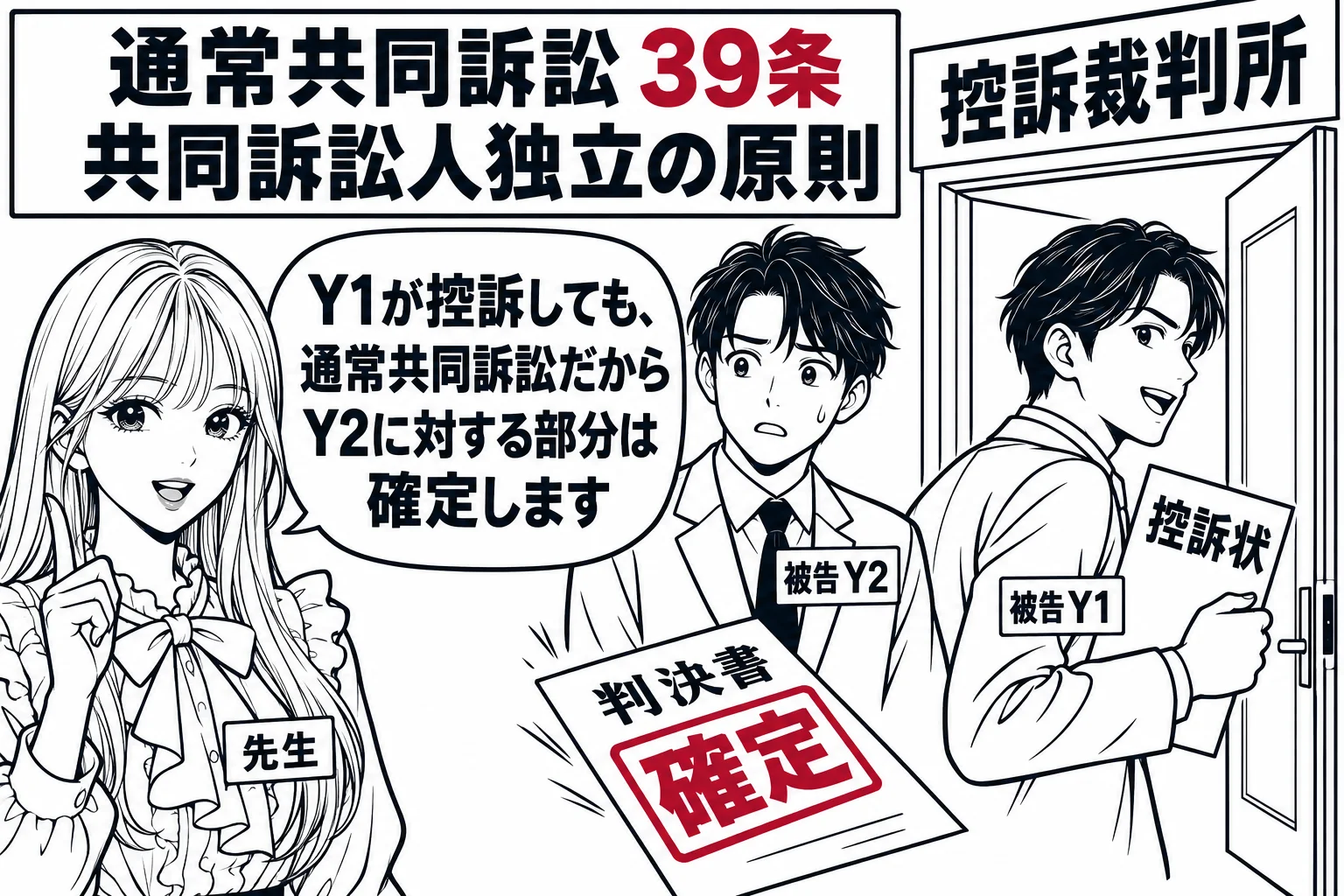 控訴審の法廷に向かう廊下の場面。男性（札「被告Y1」）が控訴状を持って控訴裁判所の扉に入っていく。その後ろで、別の男性（札「被告Y2」）は手ぶらで立ち止まり、足元に「確定」と押された判決書が落ちている。廊下の掲示「通常共同訴訟 39条 共同