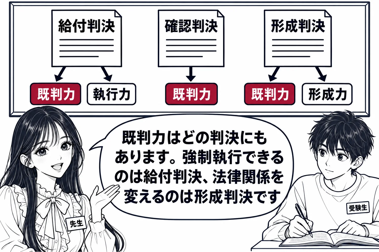 教室の場面。先生が教師役（札「先生」）で黒板の前に立つ。黒板に3枚の判決書の絵が並び、左から「給付判決」「確認判決」「形成判決」の札。各判決書から矢印が出て、給付判決には「既判力」「執行力」、確認判決には「既判力」、形成判決には「既判力」「