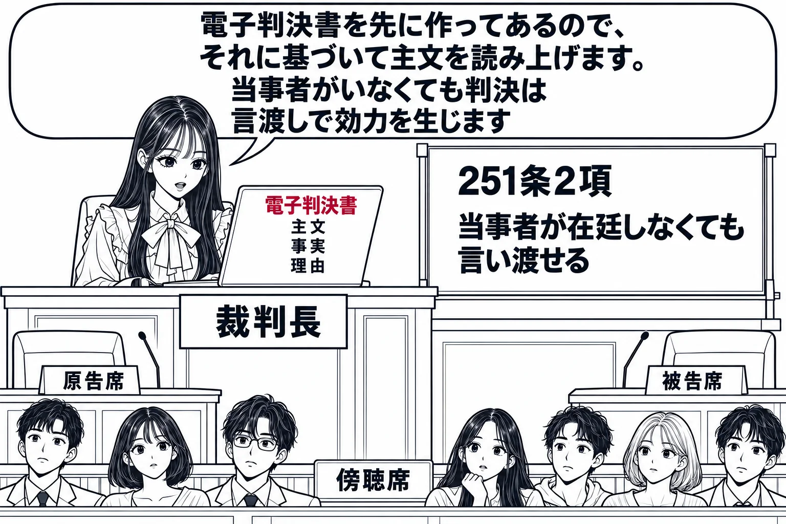 公開の法廷の場面。法壇の先生（札「裁判長」）が、ノートパソコンの画面（画面に「電子判決書 主文 事実 理由」）を見ながら、主文を読み上げている。原告席と被告席はどちらも空席で、傍聴席に数人が座っている。法壇の脇の掲示「251条2項 当事者が